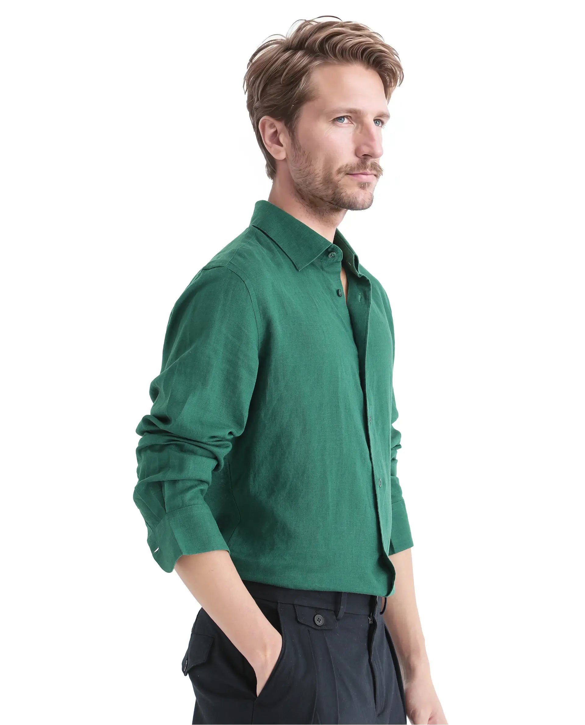 Rare Rabbit Men Linex Ls-25 Green Linen Lyocell Fabric Full Sleeve Regular Collared Button Closure Regular Fit Plain Shirt