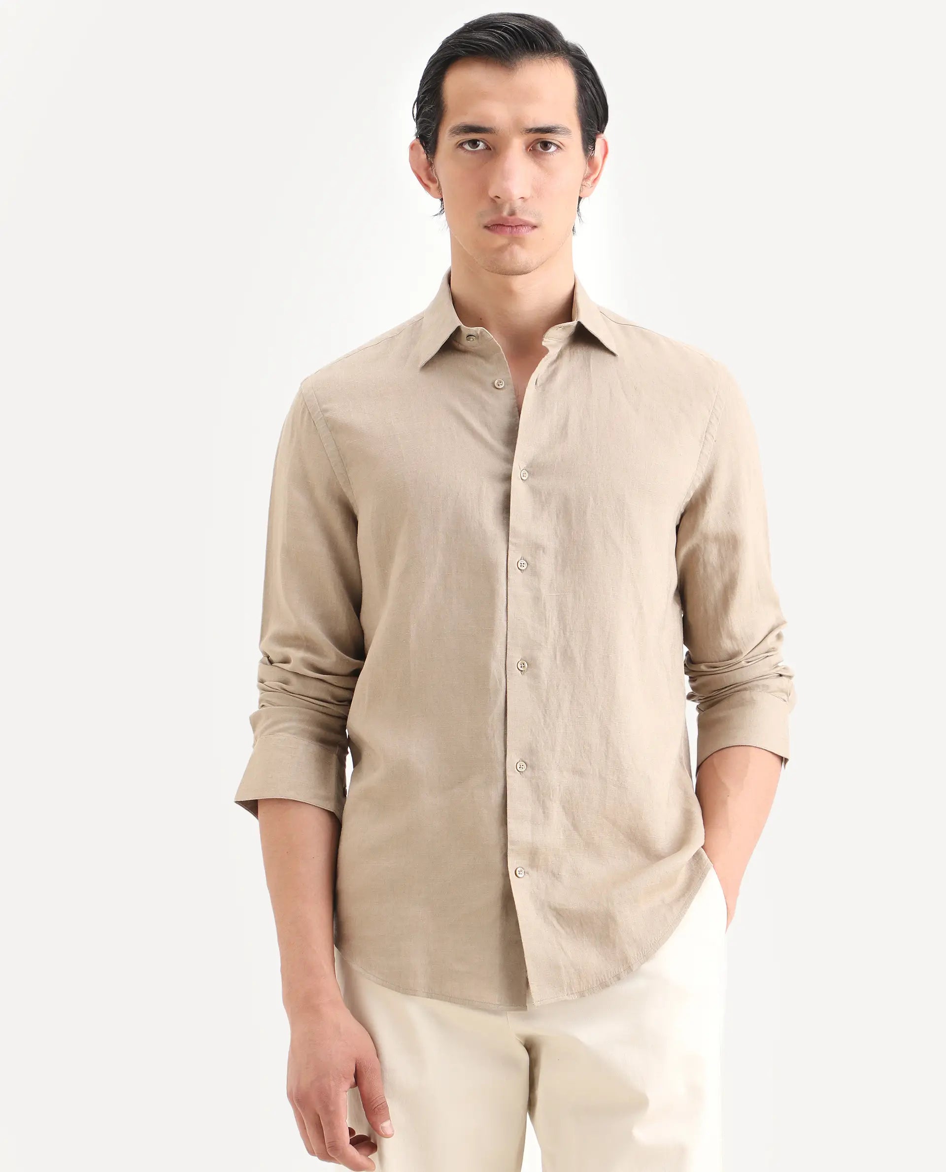Rare Rabbit Men's Linex Ls Beige Linen Blend Fabric Full Sleeve Spread Collar Regular Fit Plain Shirt