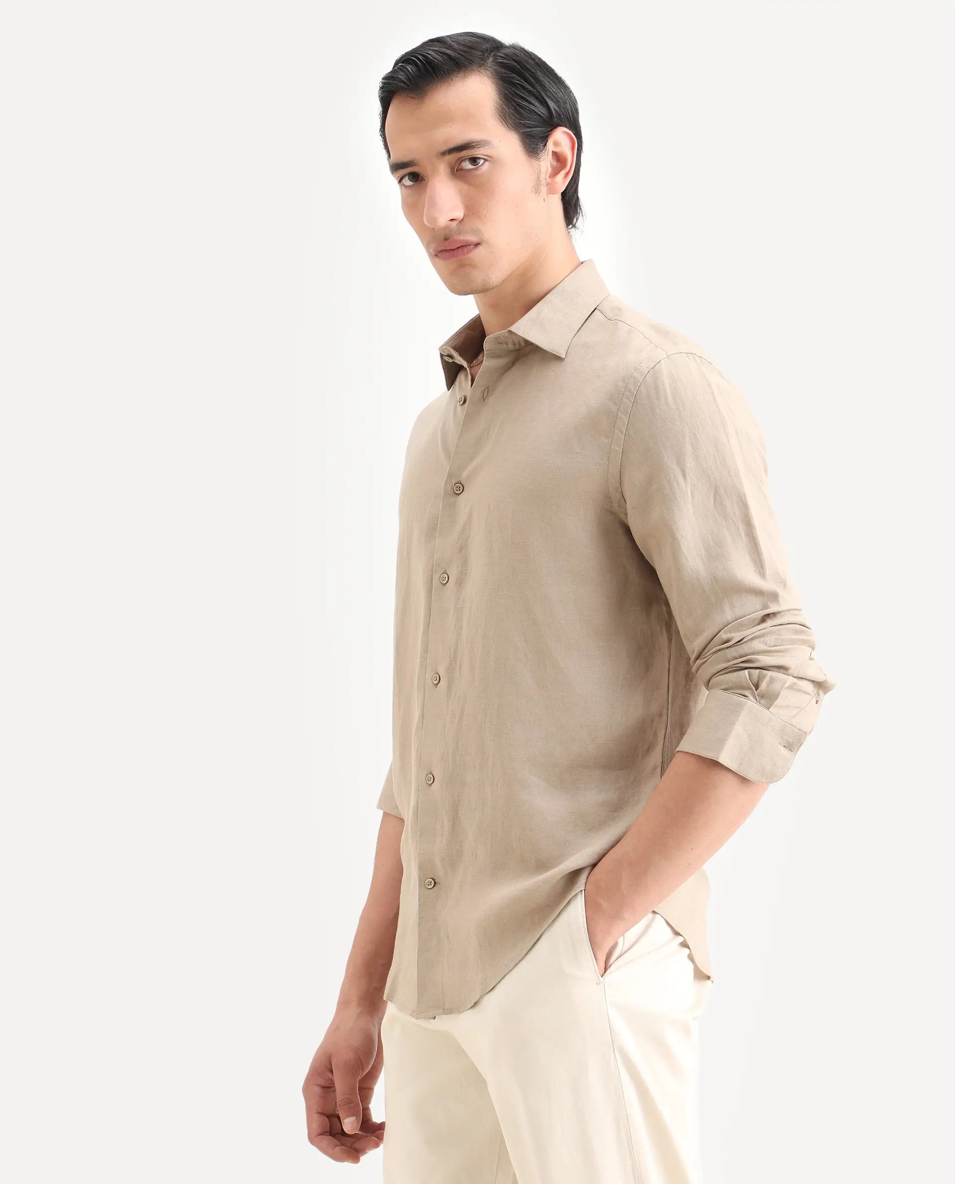 Rare Rabbit Men's Linex Ls Beige Linen Blend Fabric Full Sleeve Spread Collar Regular Fit Plain Shirt