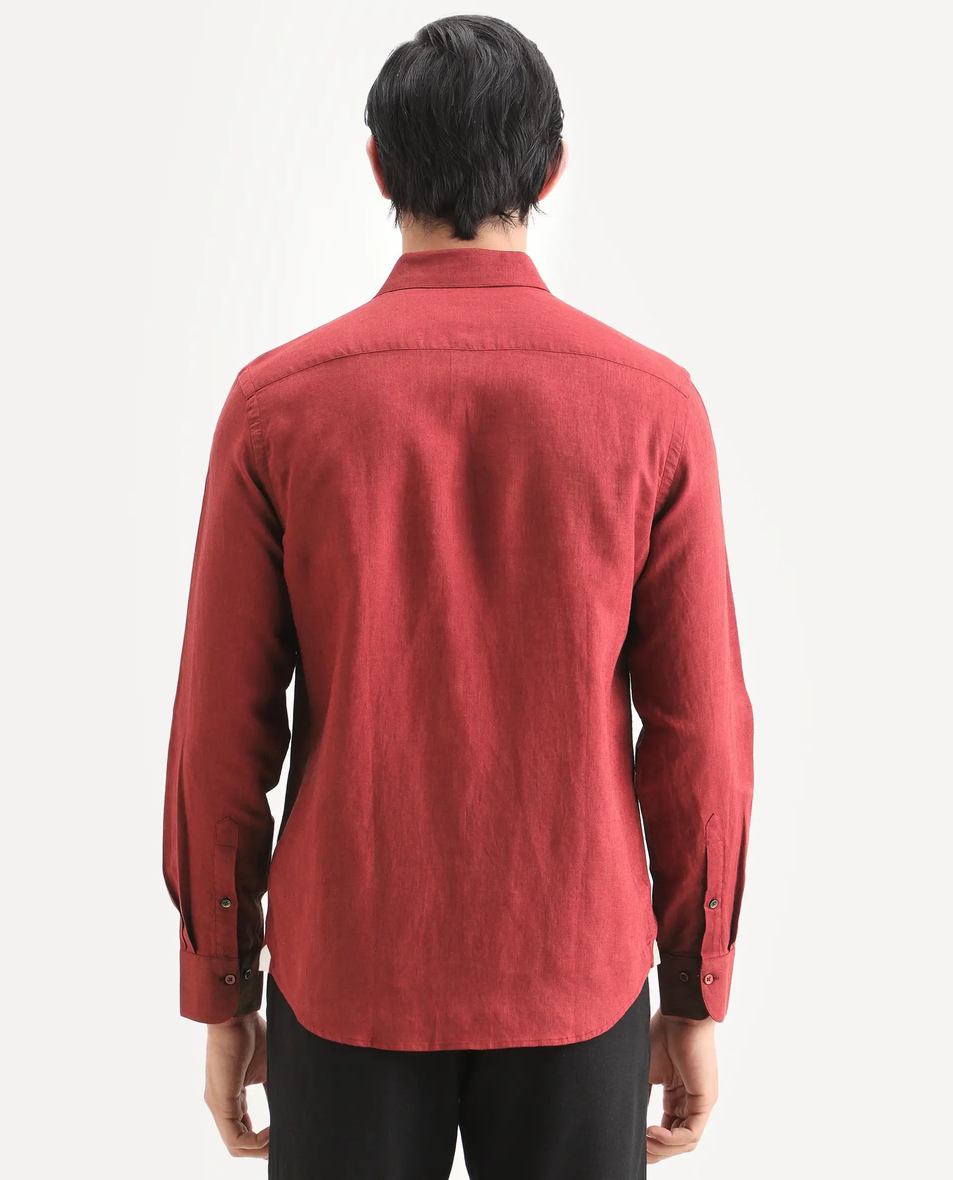 Rare Rabbit Men's Linex Ls Red Linen Blend Fabric Full Sleeve Spread Collar Regular Fit Plain Shirt