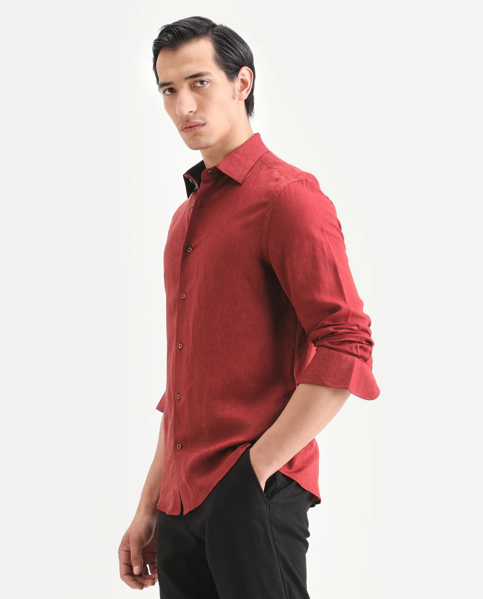 Rare Rabbit Men's Linex Ls Red Linen Blend Fabric Full Sleeve Spread Collar Regular Fit Plain Shirt