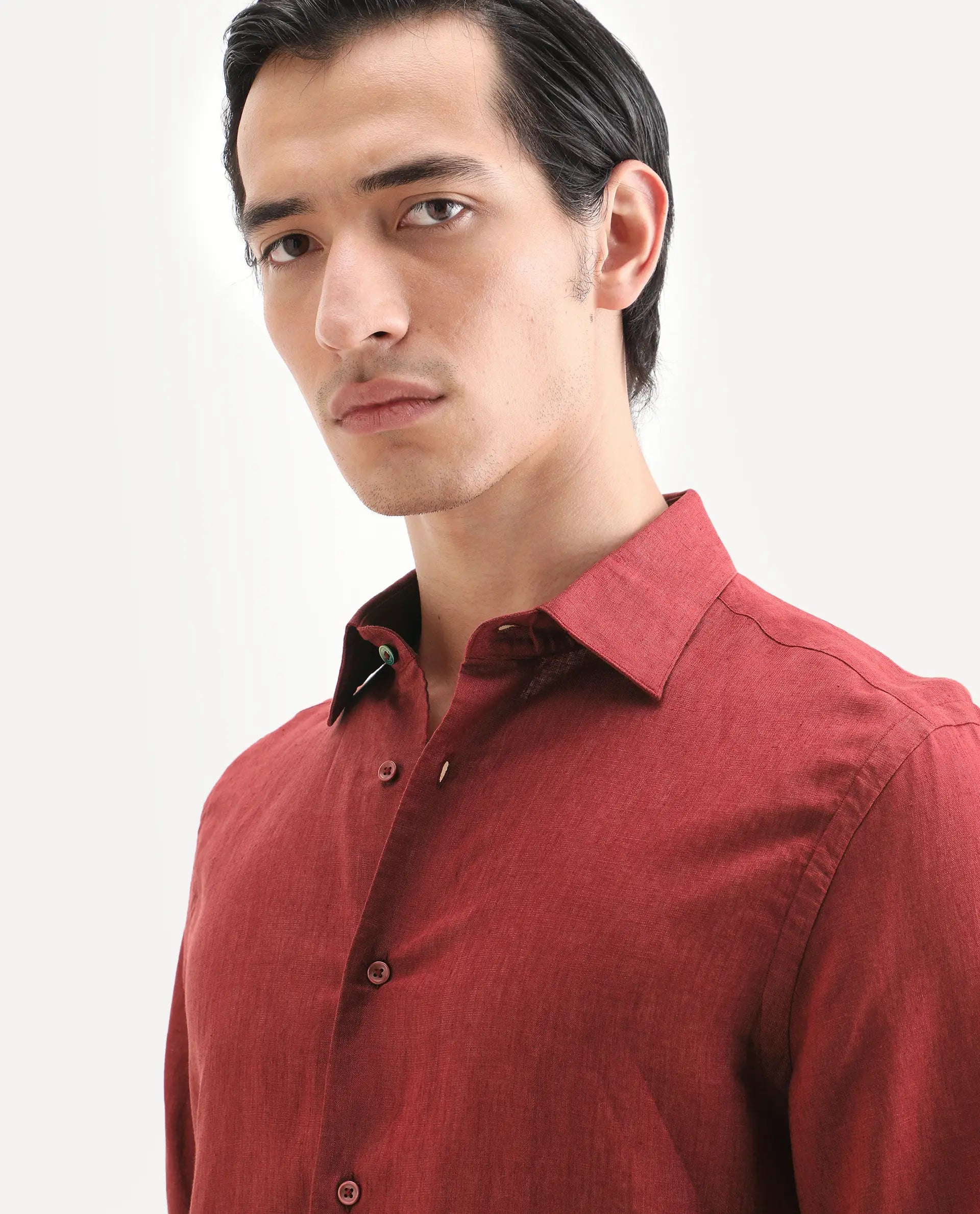 Rare Rabbit Men's Linex Ls Red Linen Blend Fabric Full Sleeve Spread Collar Regular Fit Plain Shirt