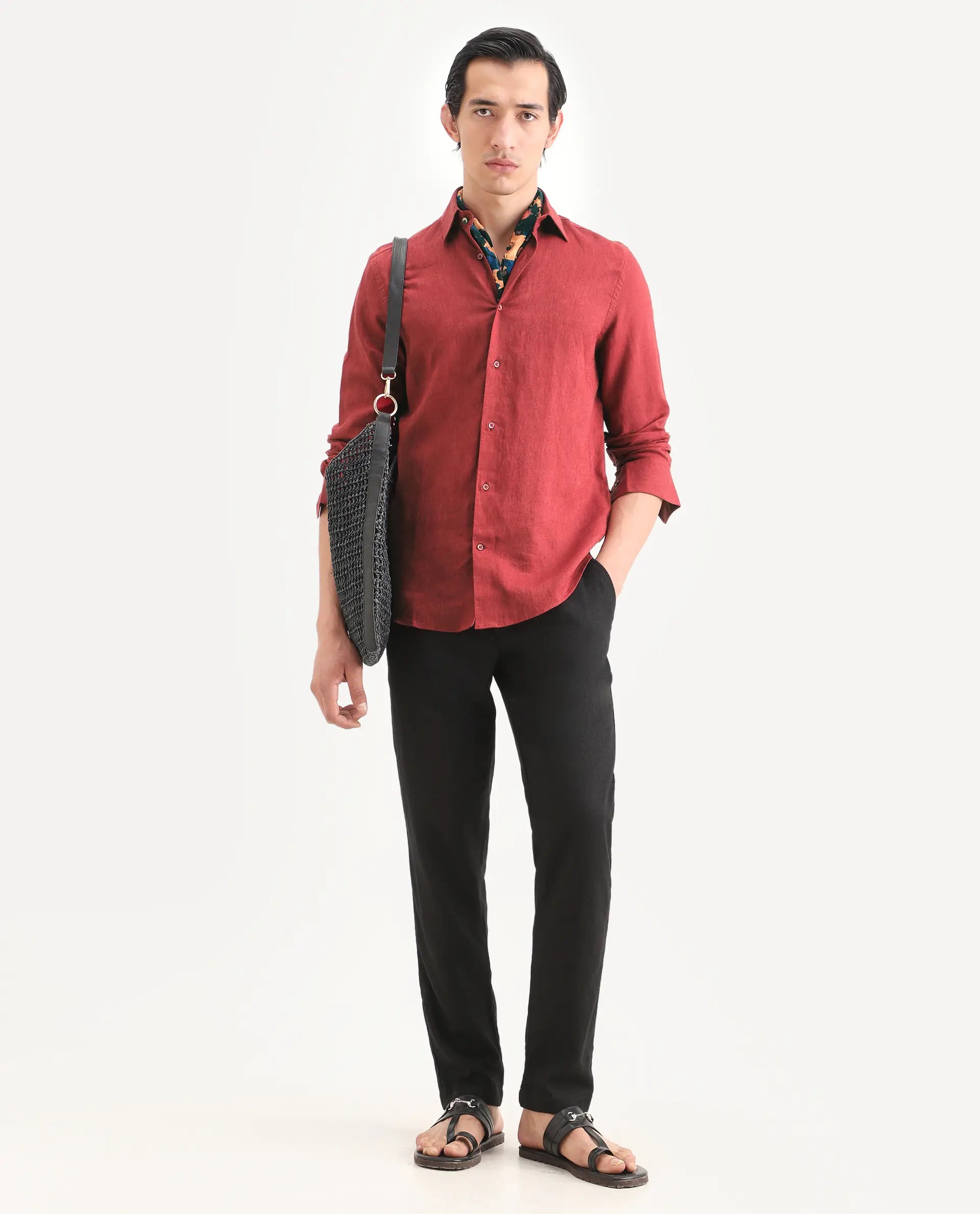 Rare Rabbit Men's Linex Ls Red Linen Blend Fabric Full Sleeve Spread Collar Regular Fit Plain Shirt