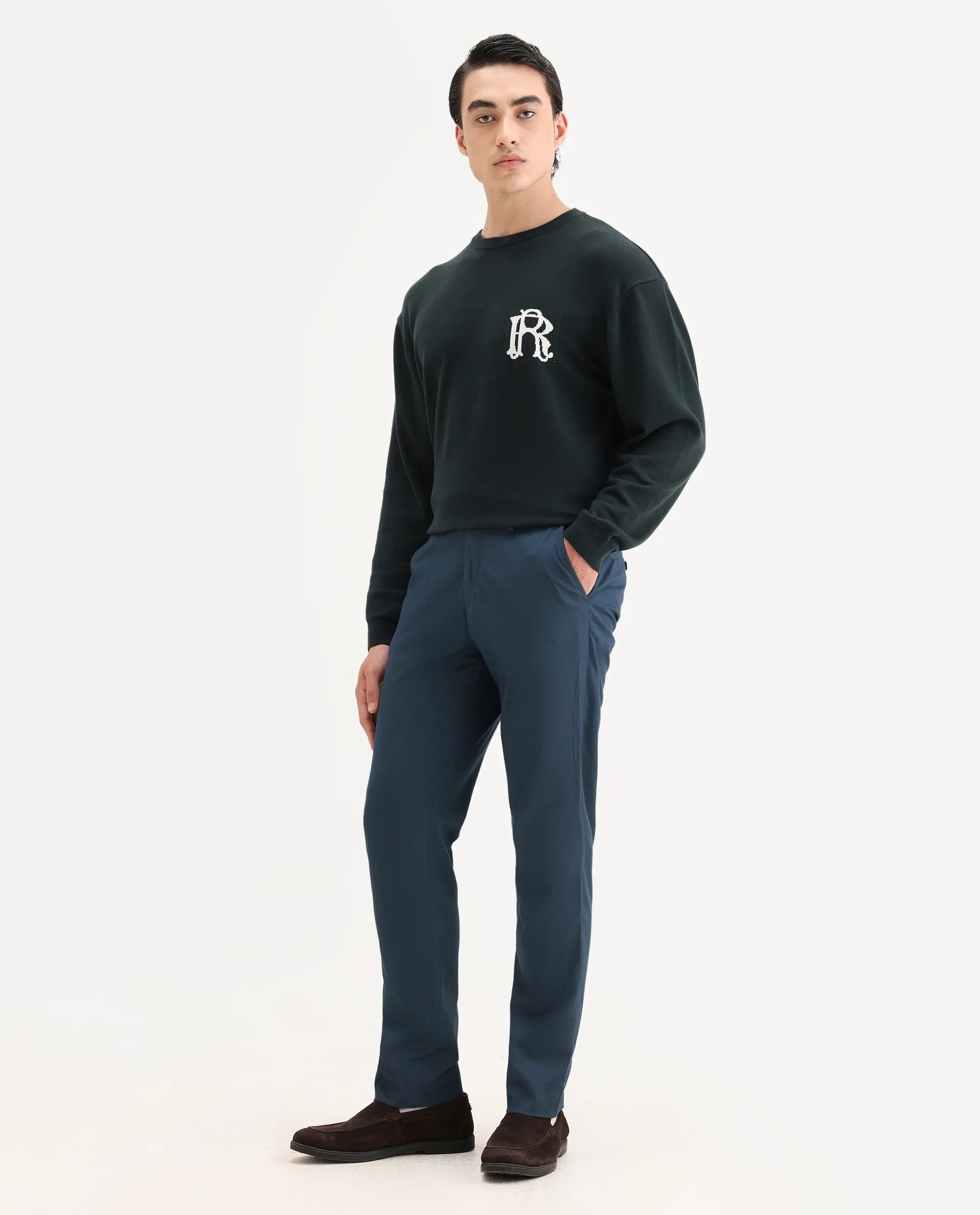 Rare Rabbit Men's Lingo Petrol Polyester Plain Regular Fit Trouser