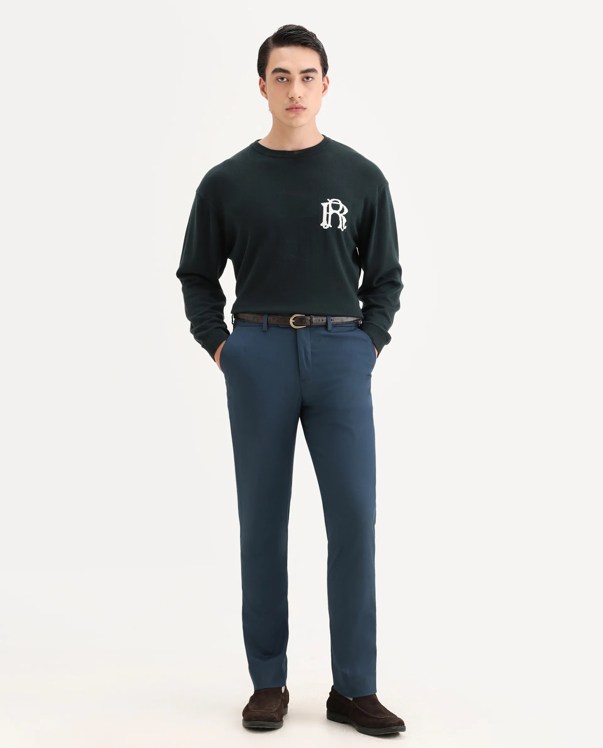 Rare Rabbit Men's Lingo Petrol Polyester Plain Regular Fit Trouser