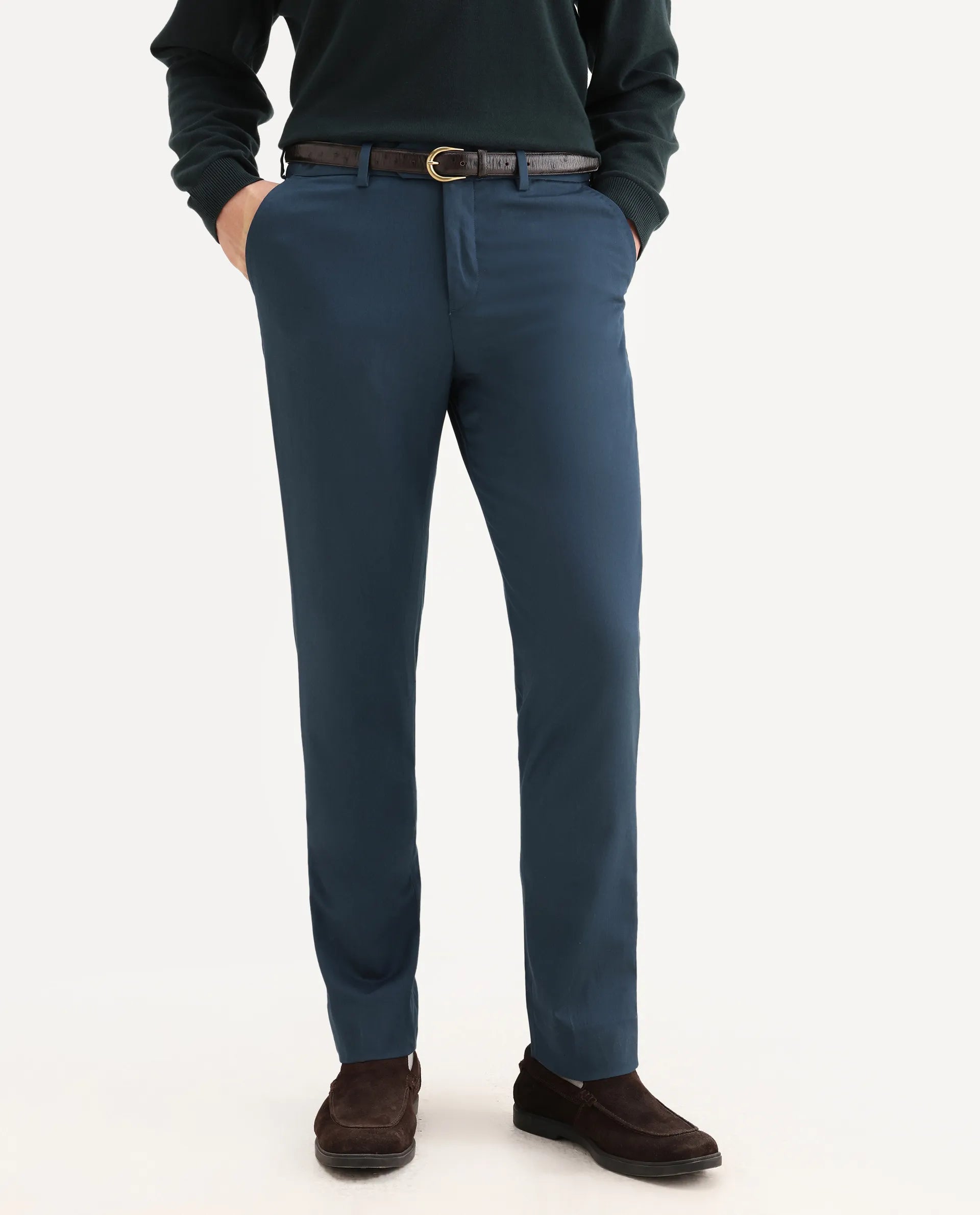 Rare Rabbit Men's Lingo Petrol Polyester Plain Regular Fit Trouser