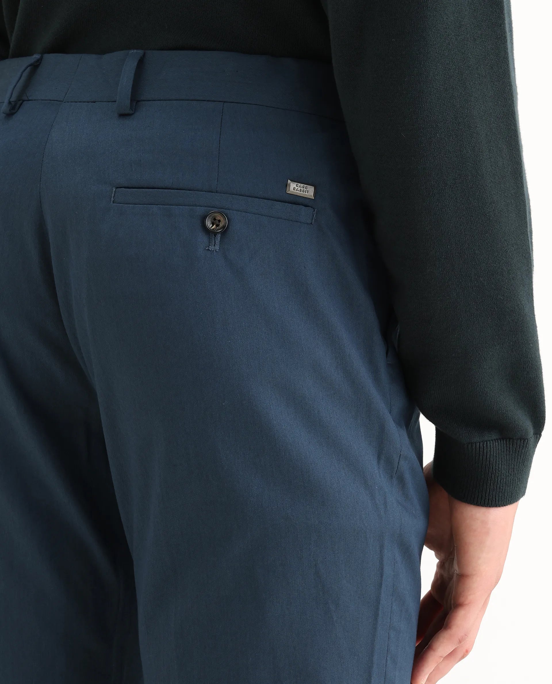 Rare Rabbit Men's Lingo Petrol Polyester Plain Regular Fit Trouser