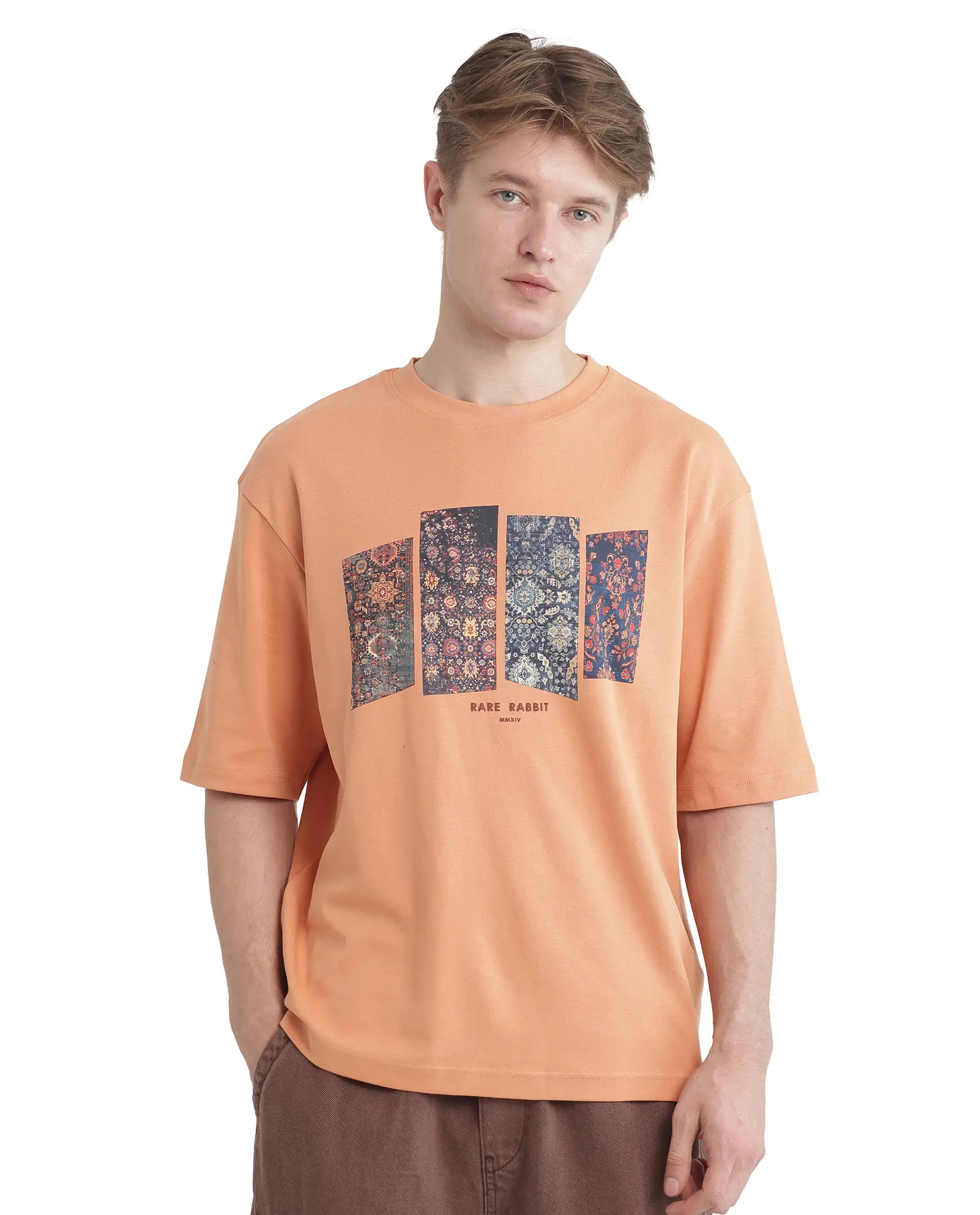 Rare Rabbit Men Lino Dark Orange Cotton Fabric Short Sleeve Crew Neck Qlo Fit Graphic Print T-Shirt