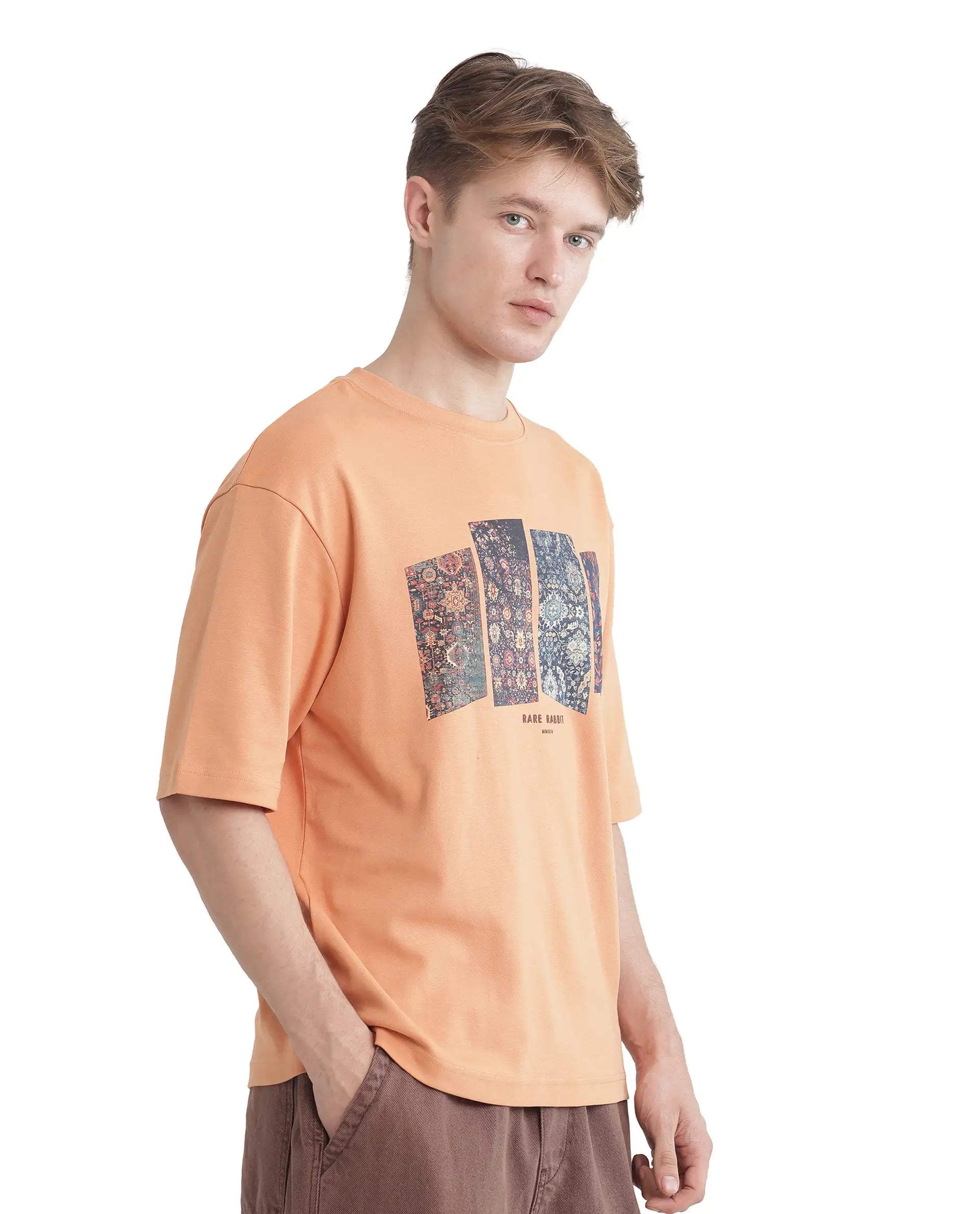 Rare Rabbit Men Lino Dark Orange Cotton Fabric Short Sleeve Crew Neck Qlo Fit Graphic Print T-Shirt