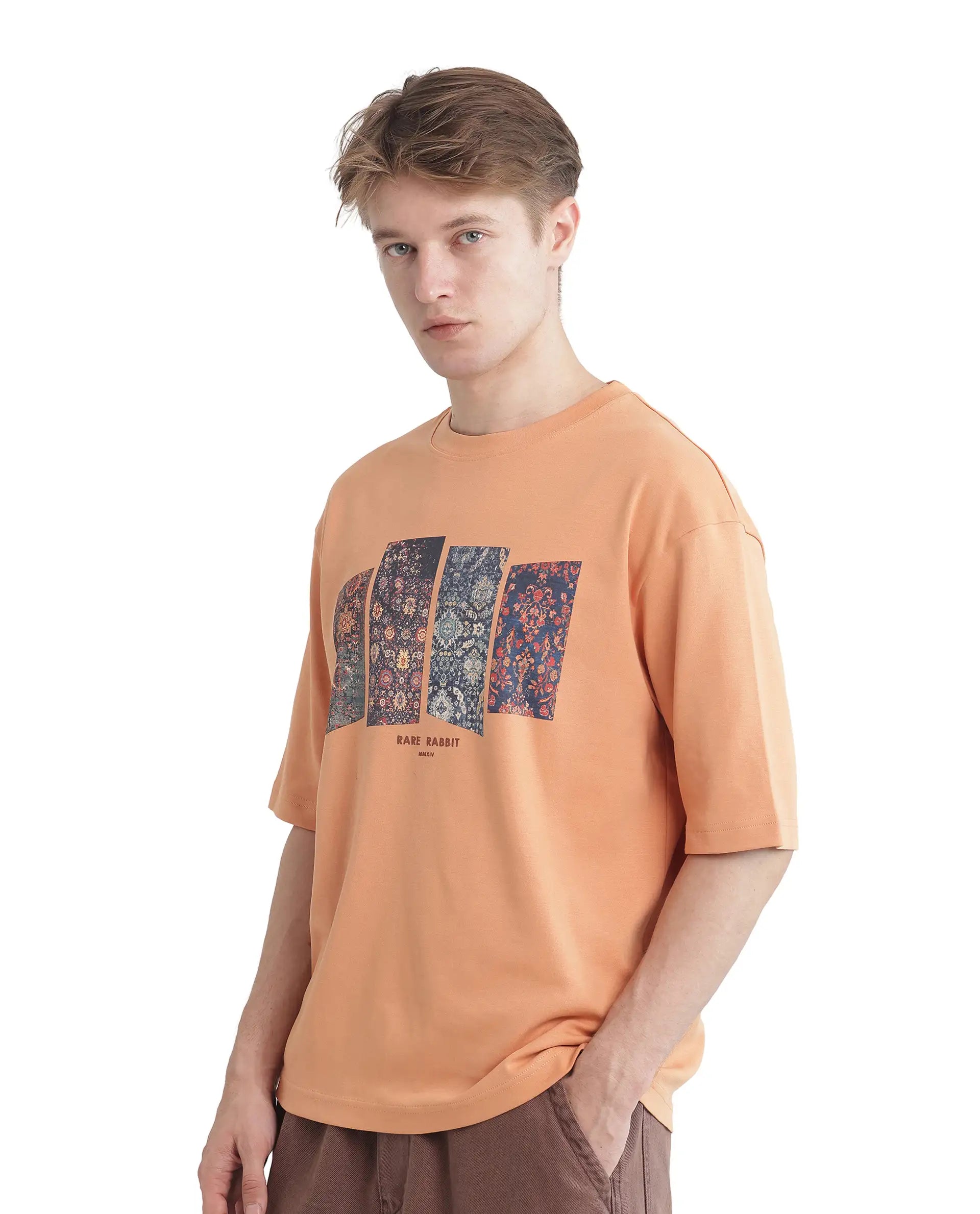 Rare Rabbit Men Lino Dark Orange Cotton Fabric Short Sleeve Crew Neck Qlo Fit Graphic Print T-Shirt