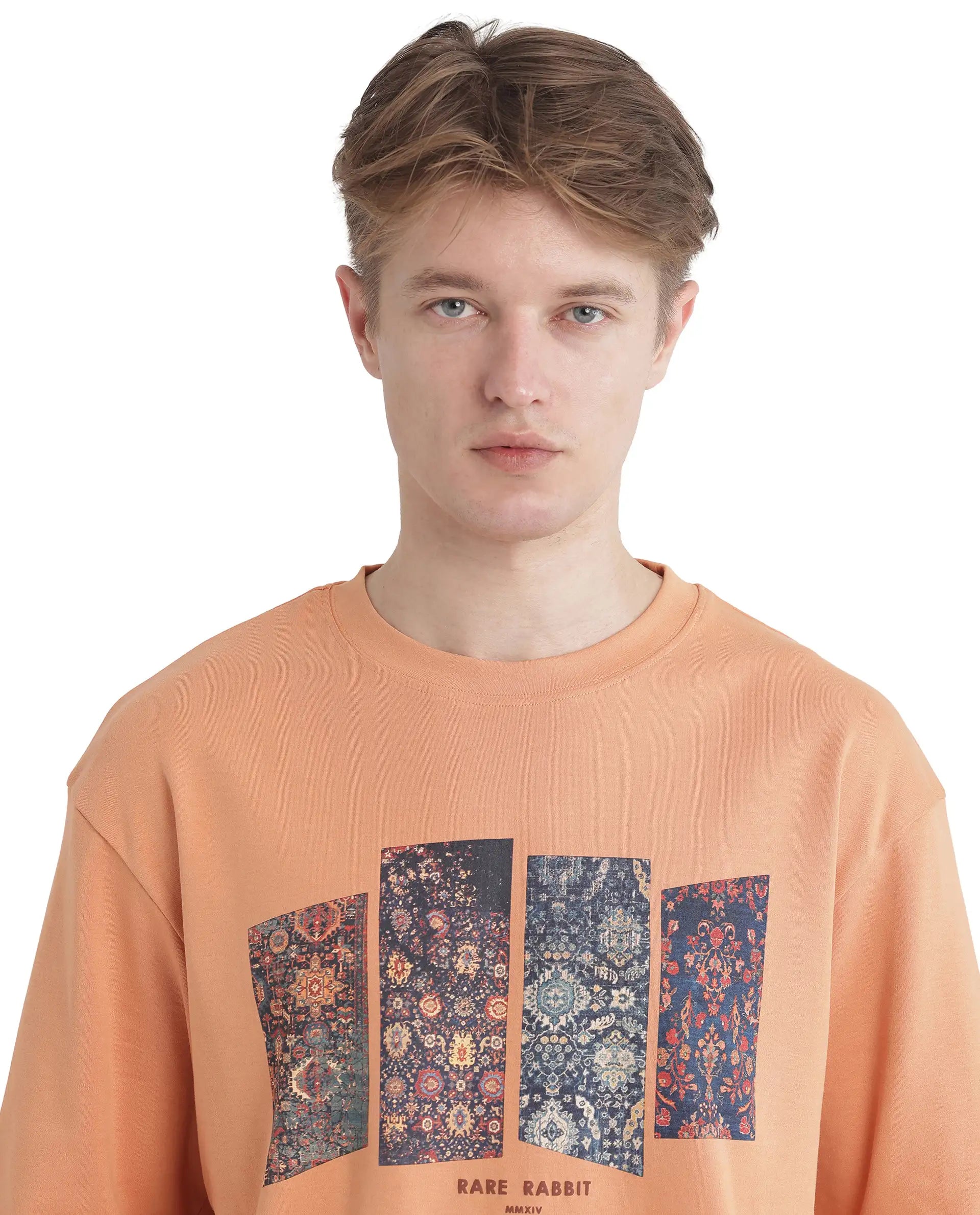 Rare Rabbit Men Lino Dark Orange Cotton Fabric Short Sleeve Crew Neck Qlo Fit Graphic Print T-Shirt