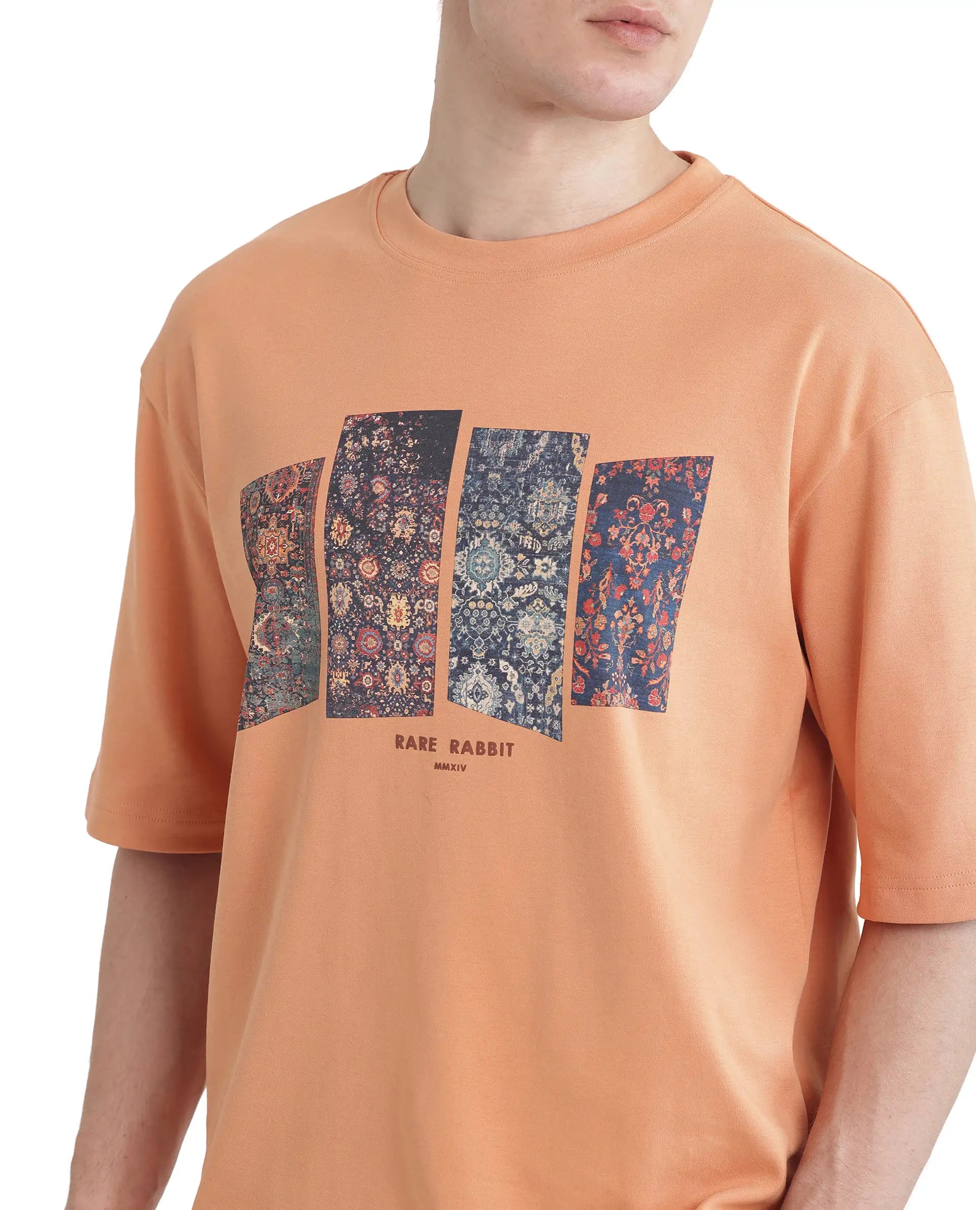 Rare Rabbit Men Lino Dark Orange Cotton Fabric Short Sleeve Crew Neck Qlo Fit Graphic Print T-Shirt