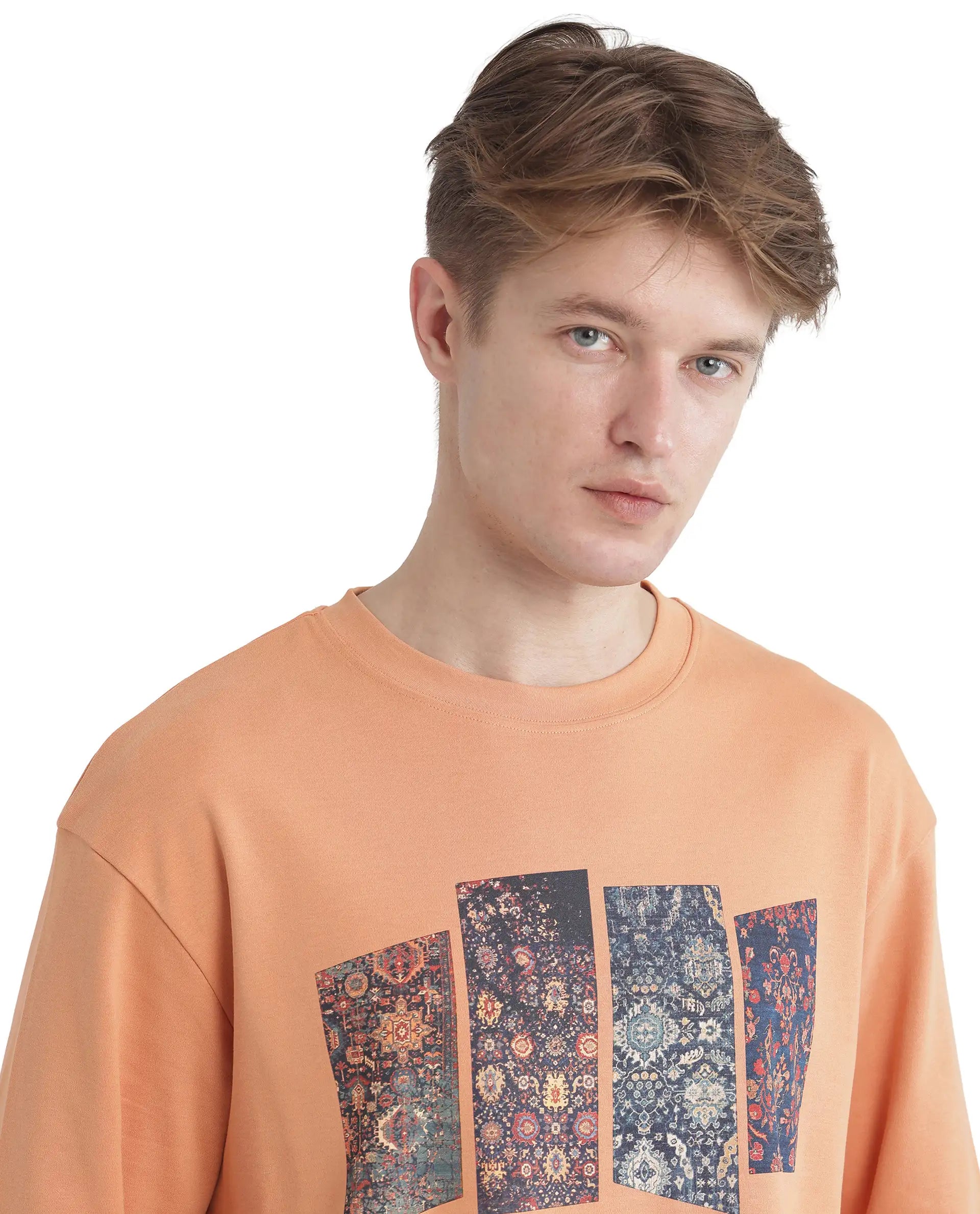 Rare Rabbit Men Lino Dark Orange Cotton Fabric Short Sleeve Crew Neck Qlo Fit Graphic Print T-Shirt