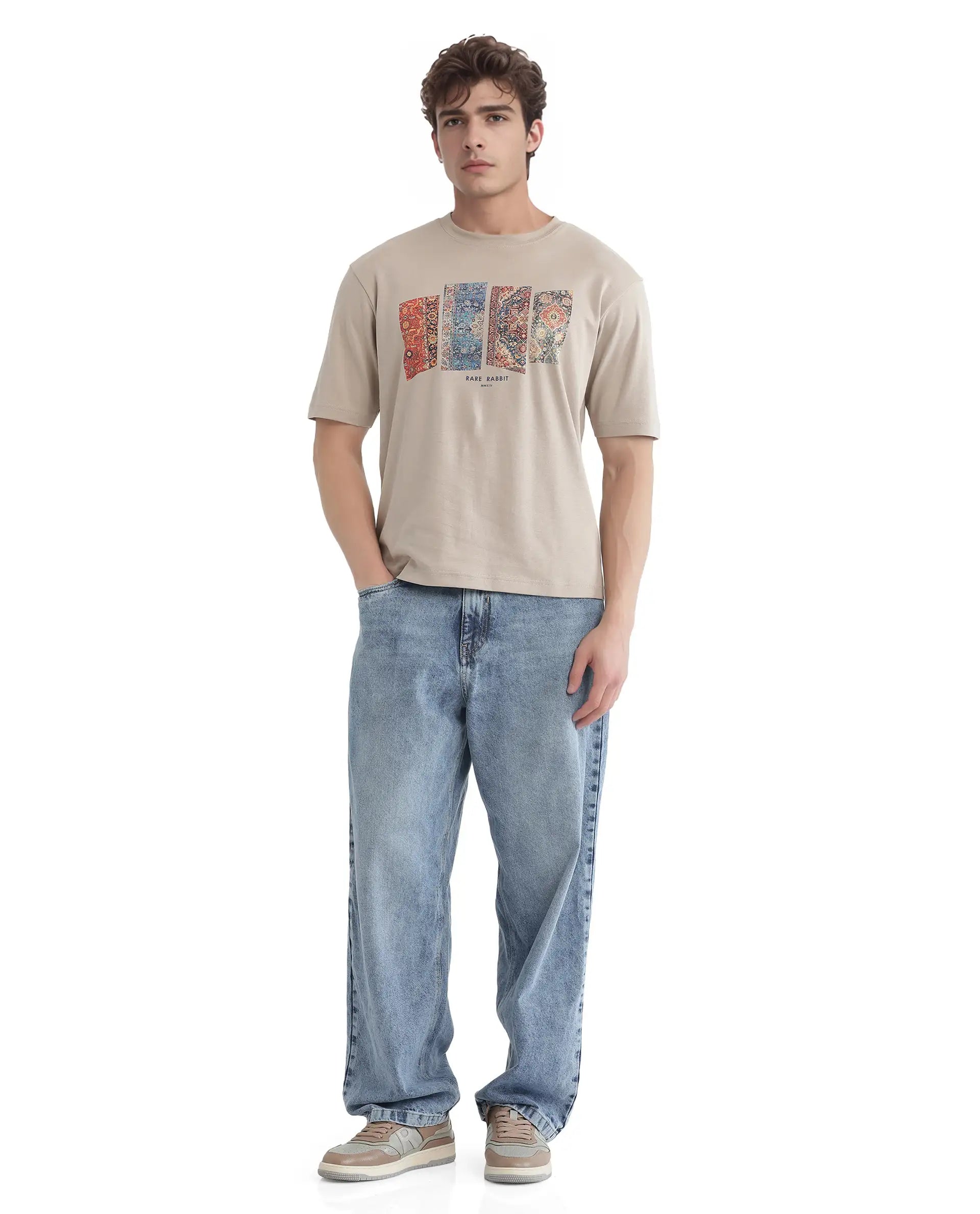 Rare Rabbit Men Lino Dusky Beige Cotton Fabric Short Sleeve Crew Neck Qlo Fit Graphic Print T-Shirt