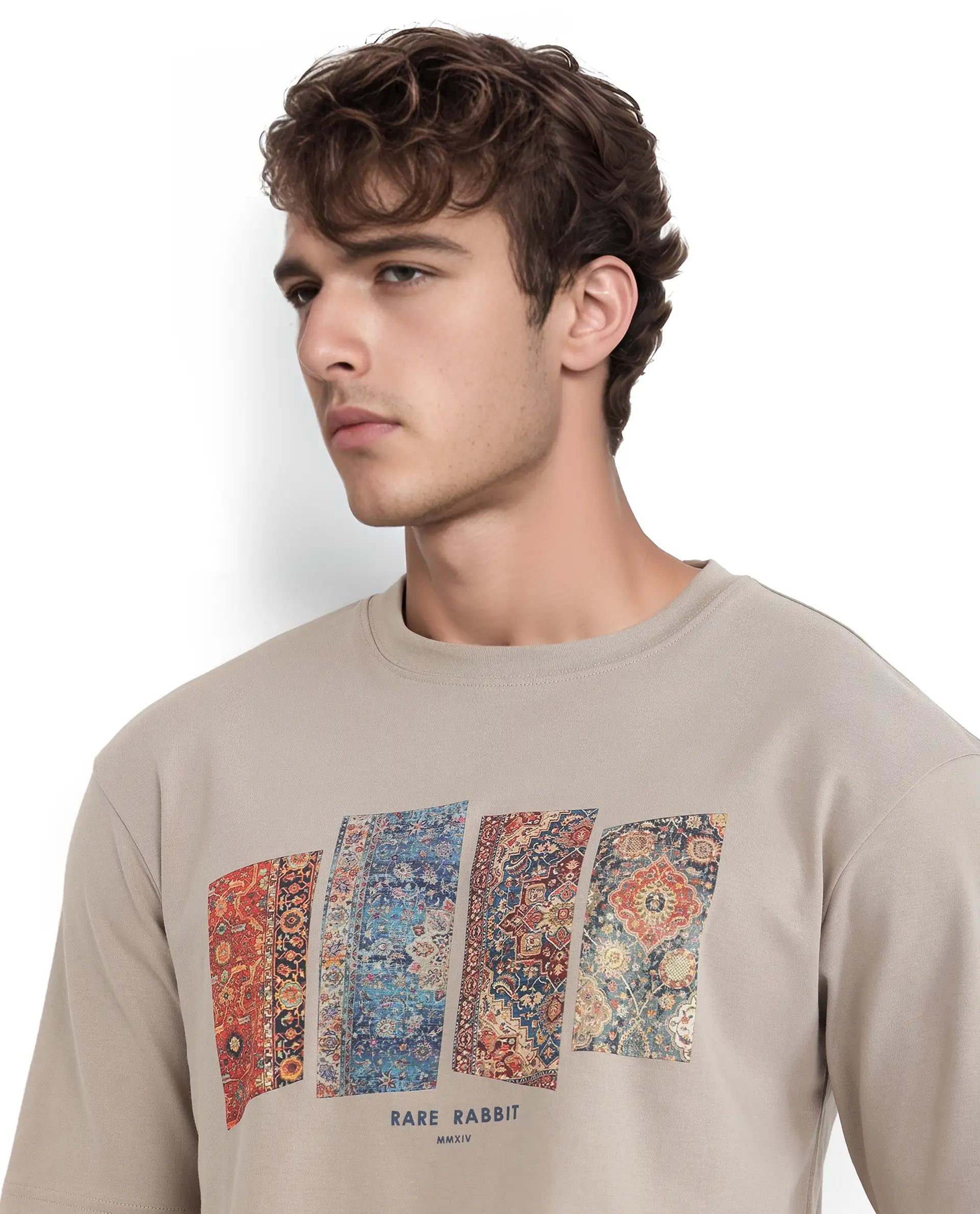 Rare Rabbit Men Lino Dusky Beige Cotton Fabric Short Sleeve Crew Neck Qlo Fit Graphic Print T-Shirt