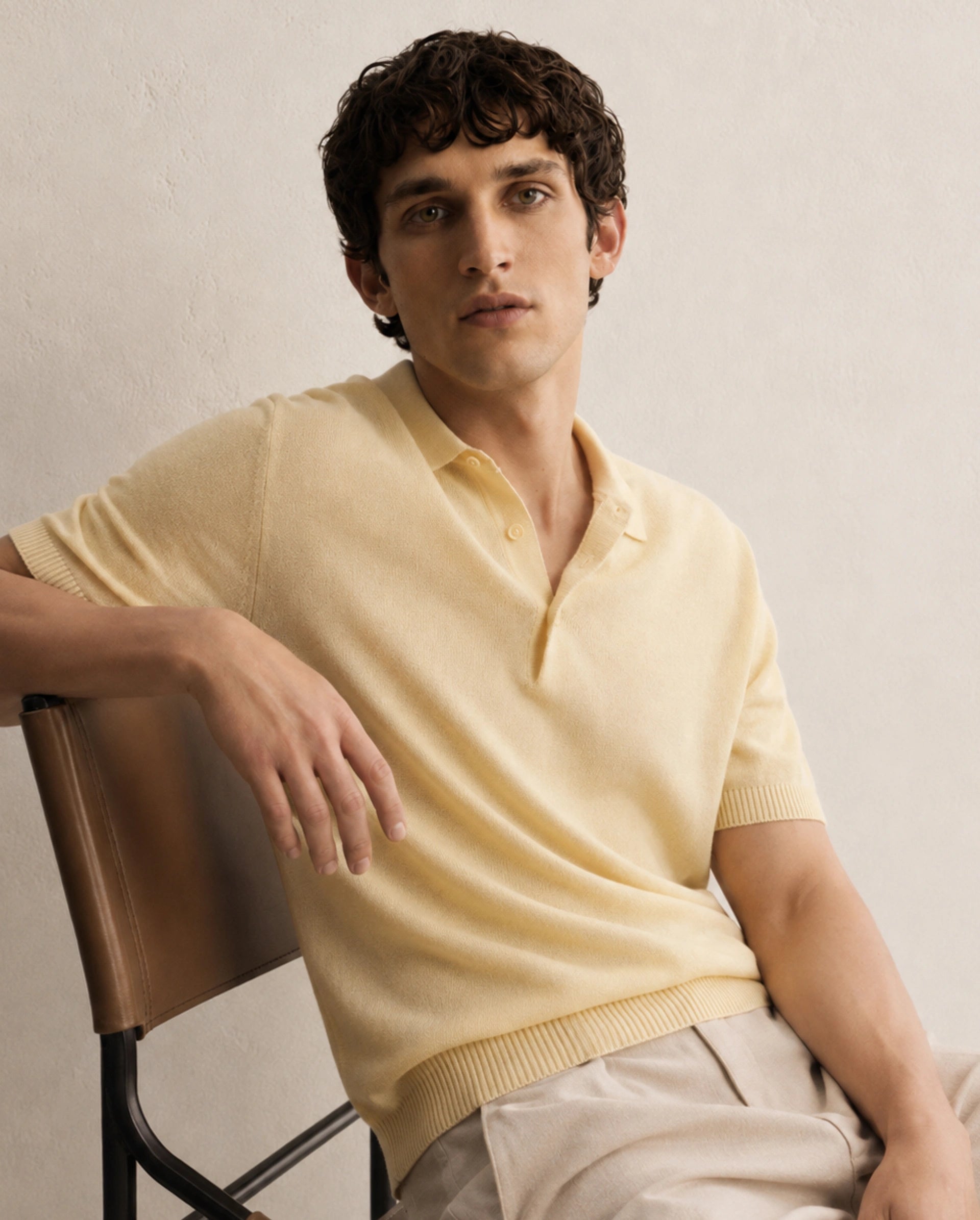 Rare Rabbit Men's Linok Light Yellow Linen Blend Spread Collar Button Regular Plain Polo