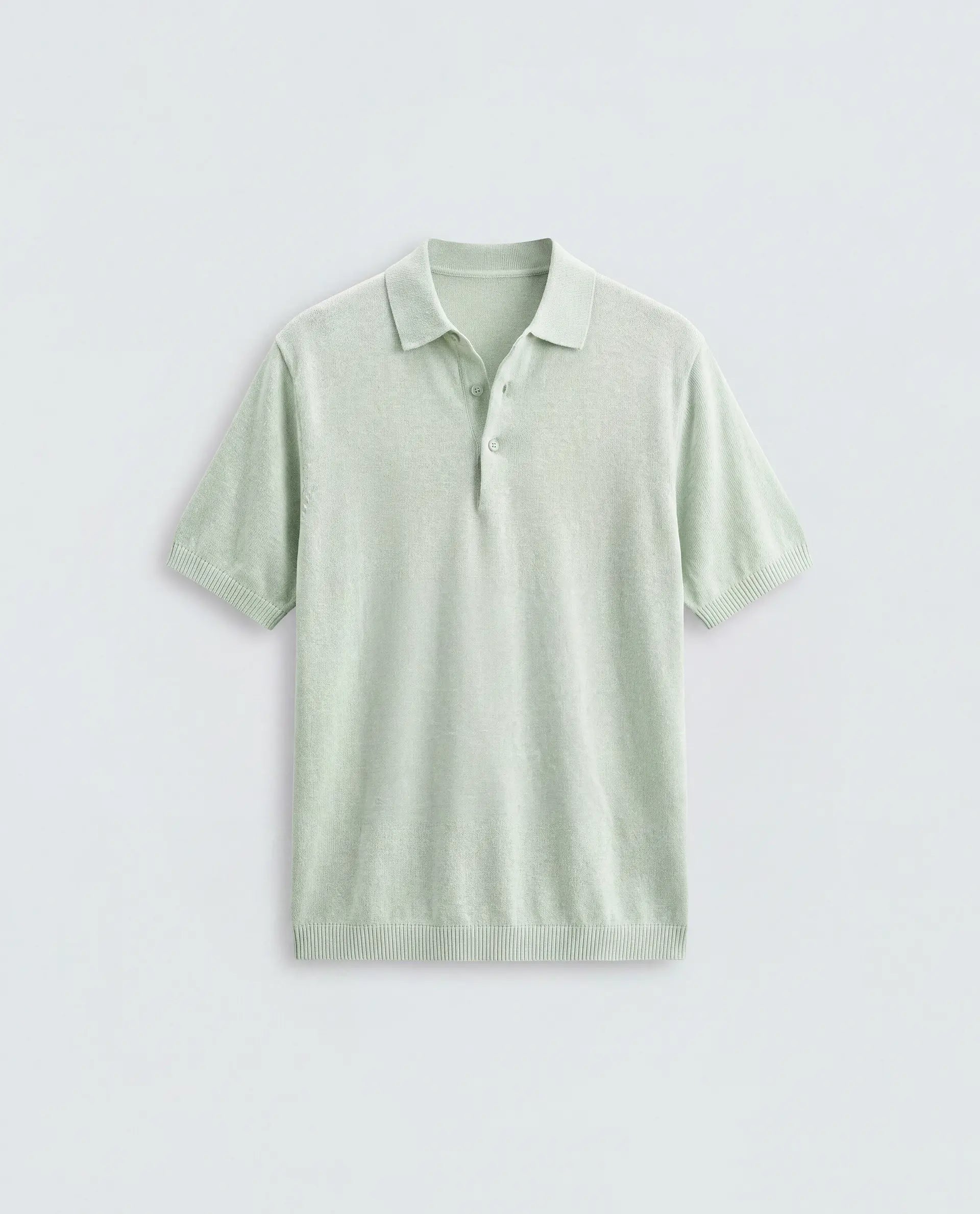 Rare Rabbit Men's Linok Light Green Linen Blend Spread Collar Button Regular Plain Polo