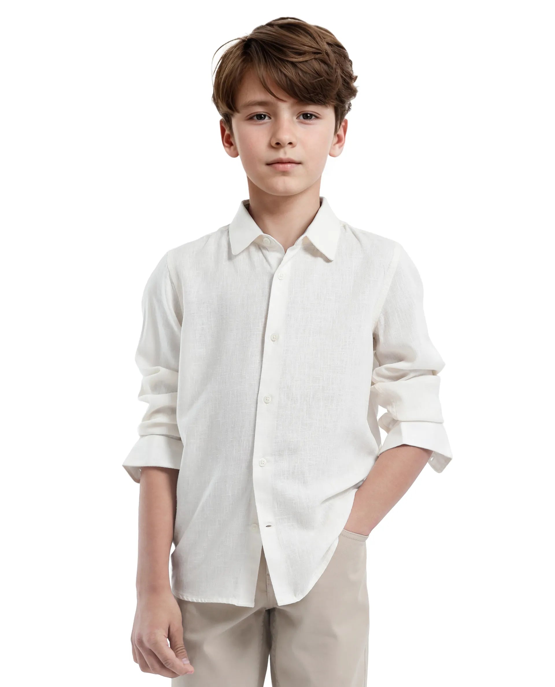 Rare Ones Kids Lino Off White Linen Full Sleeve Button Solid Regular Fit Shirt