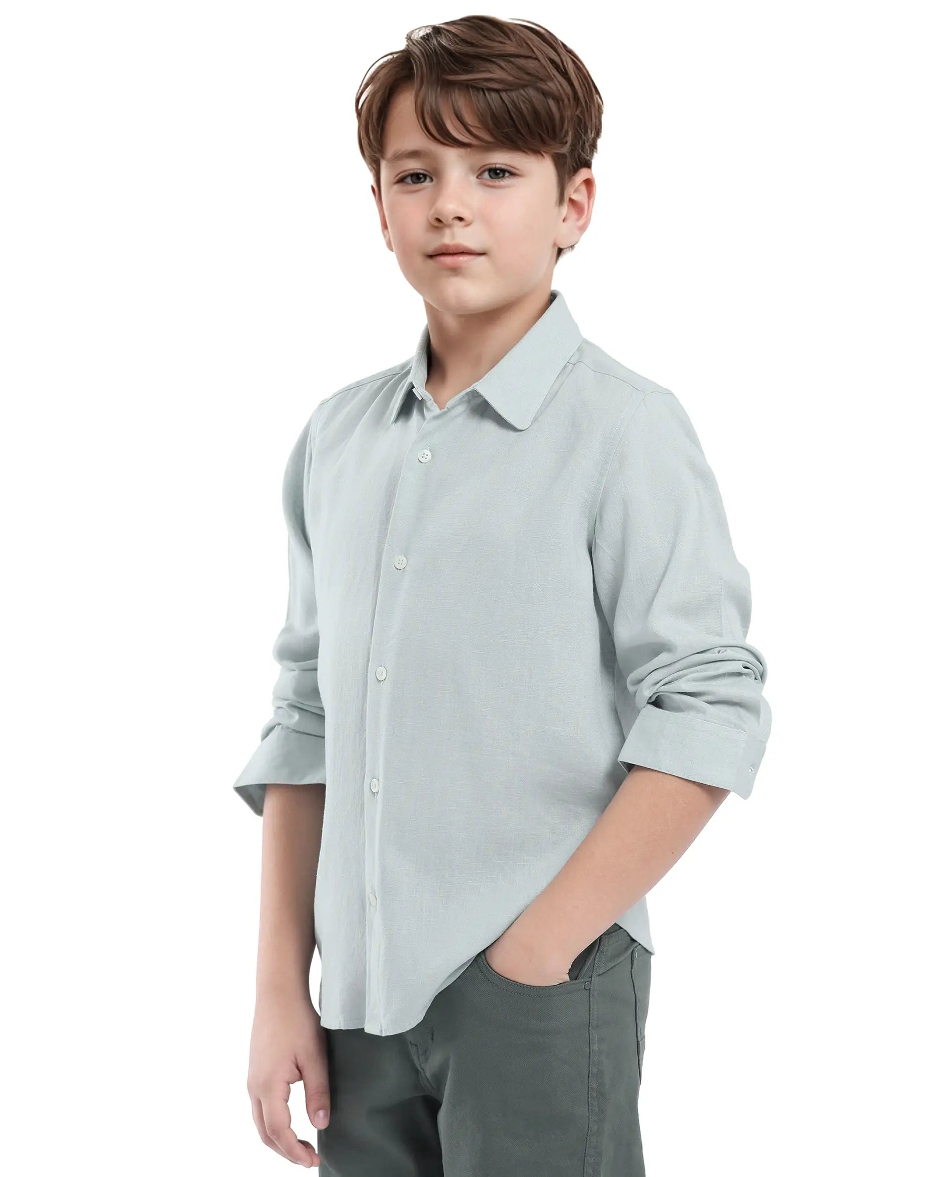 Rare Ones Kids Lino Pastel Turq Linen Full Sleeve Button Solid Regular Fit Shirt