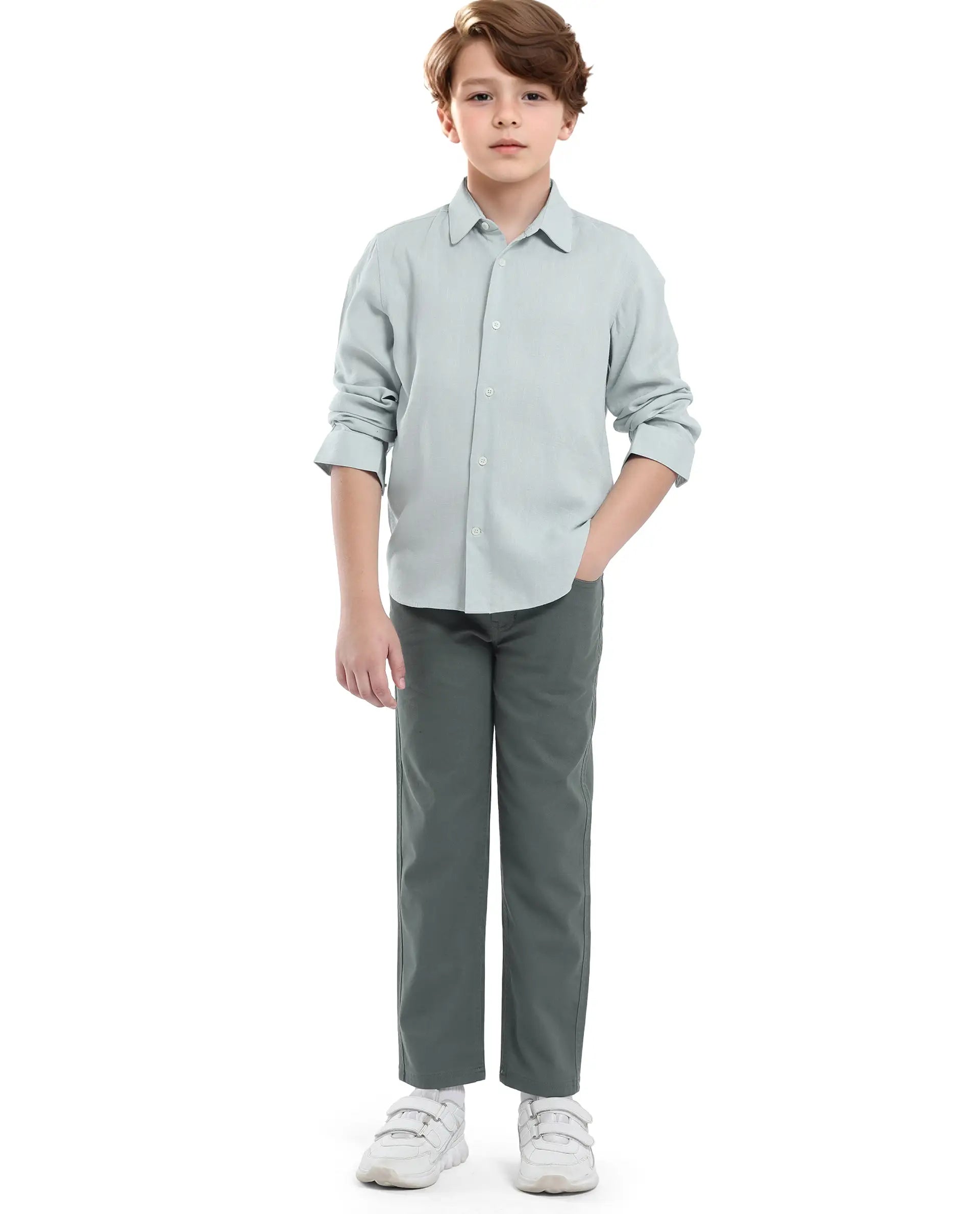 Rare Ones Kids Lino Pastel Turq Linen Full Sleeve Button Solid Regular Fit Shirt