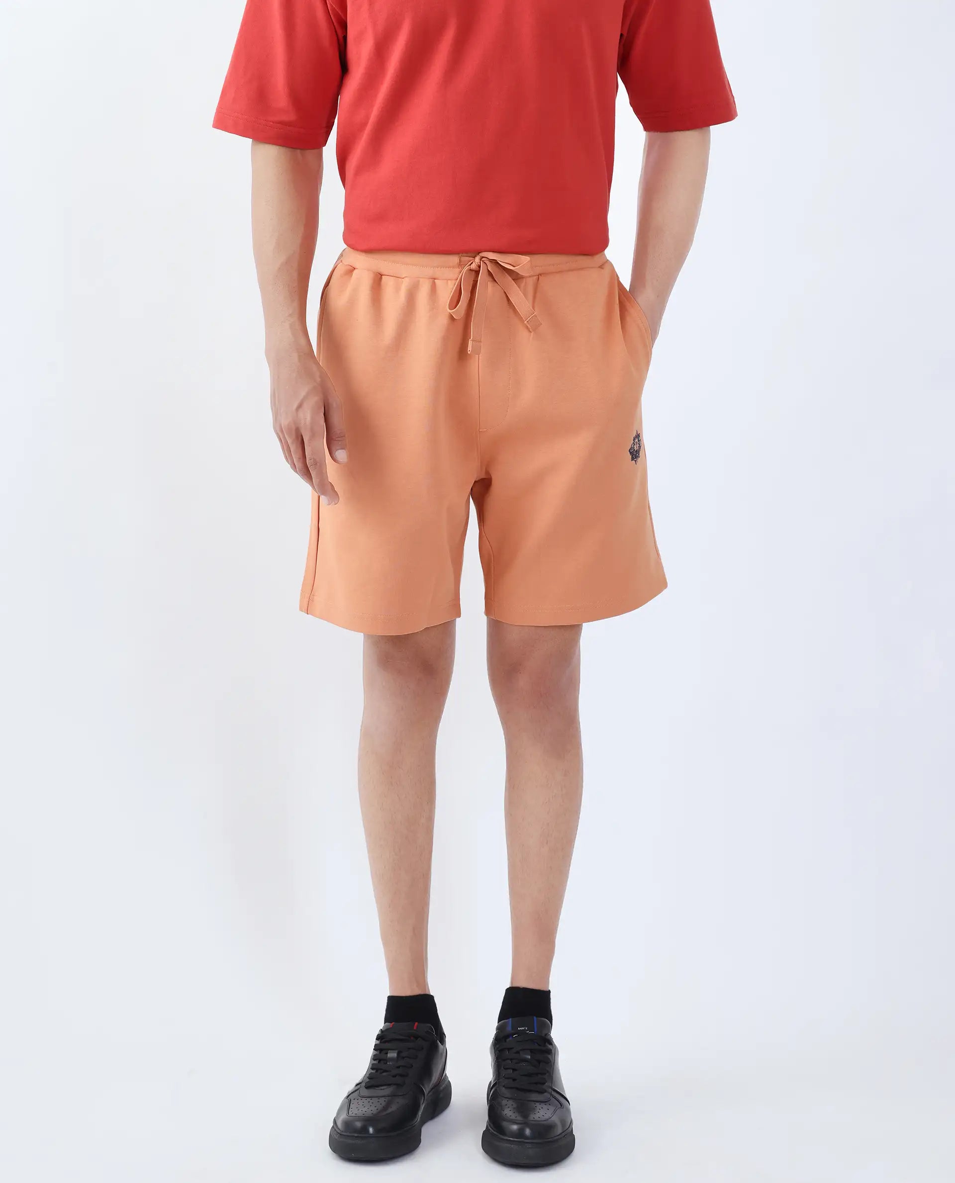 Rare Rabbit Men's Linor Dark Orange Cotton Blend Plain Regular Fit Shorts