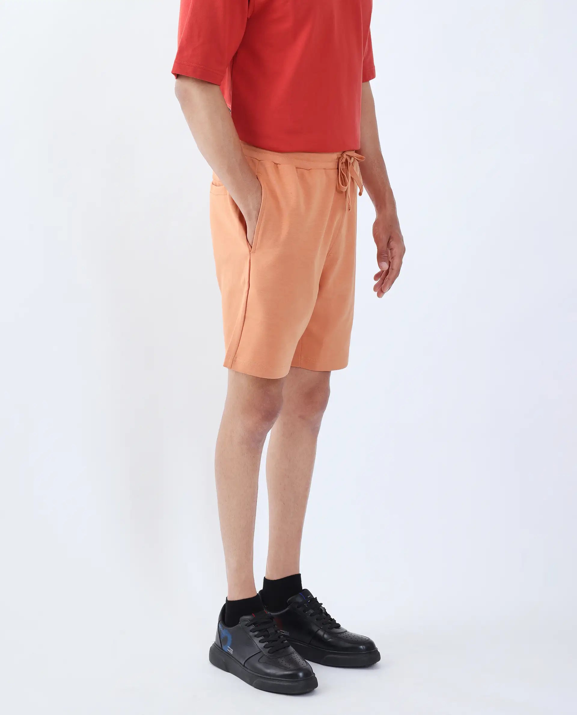 Rare Rabbit Men's Linor Dark Orange Cotton Blend Plain Regular Fit Shorts