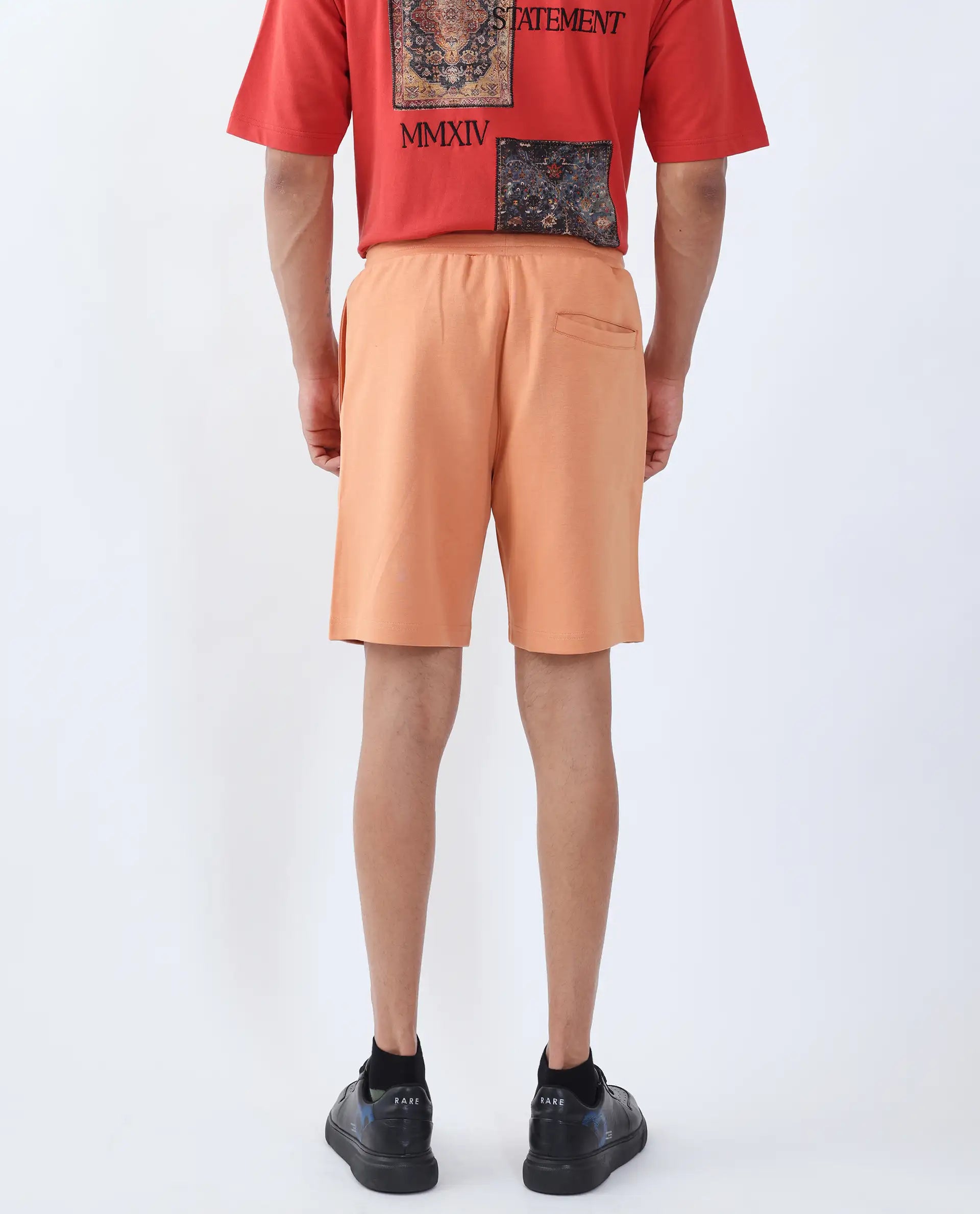 Rare Rabbit Men's Linor Dark Orange Cotton Blend Plain Regular Fit Shorts