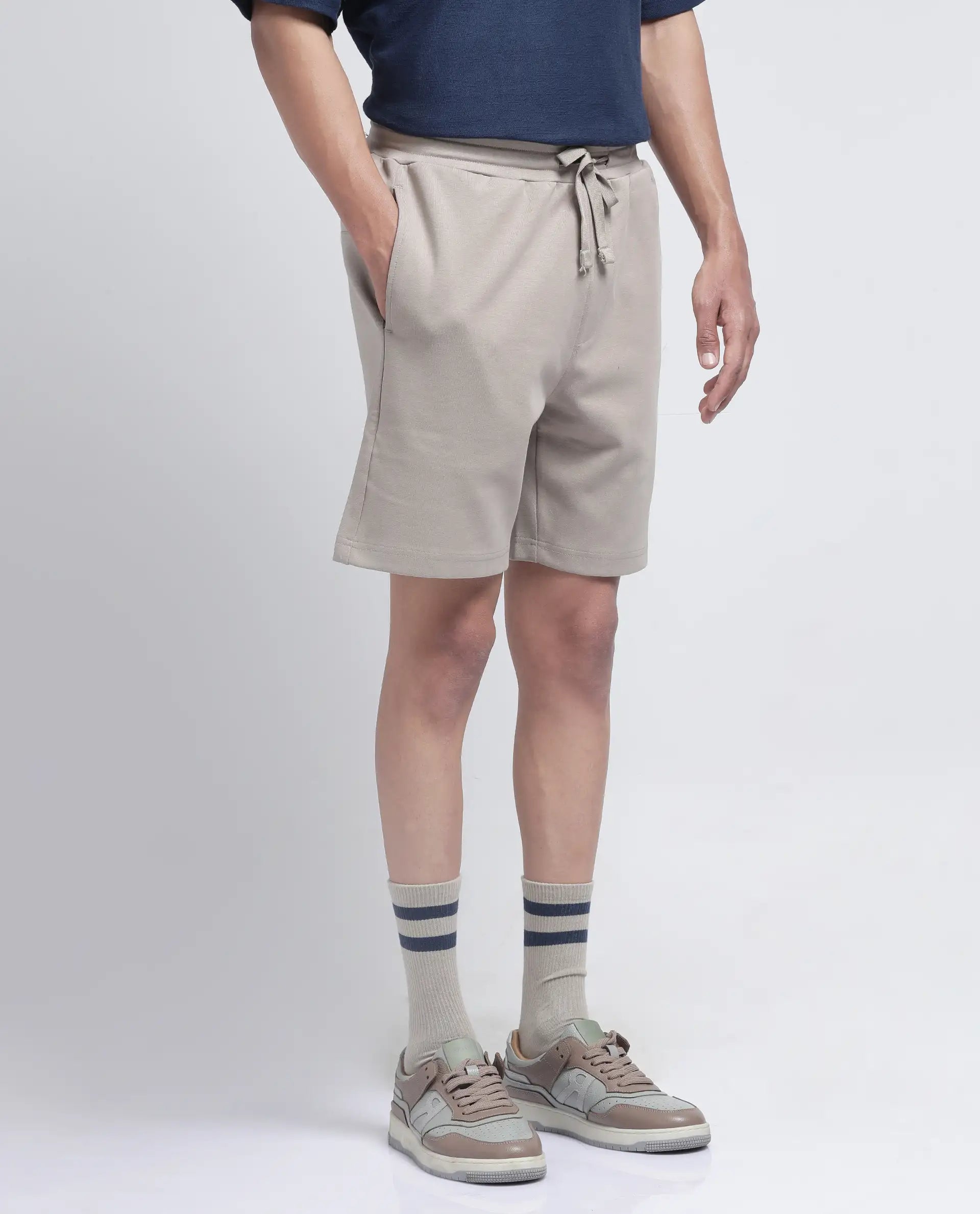 Rare Rabbit Men Linor Beige Cotton Elastane Fabric Relaxed Fit Plain Shorts