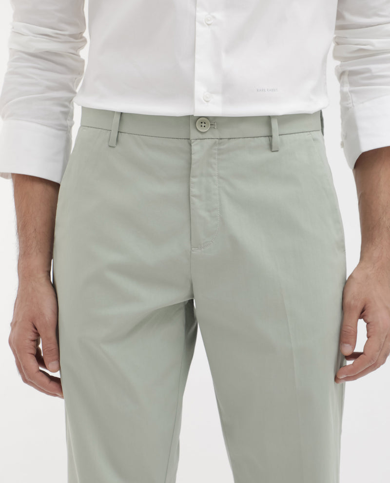 Rare Rabbit Mens Linotel Pastel Green Cotton Polyester Lycra Solid Trouser