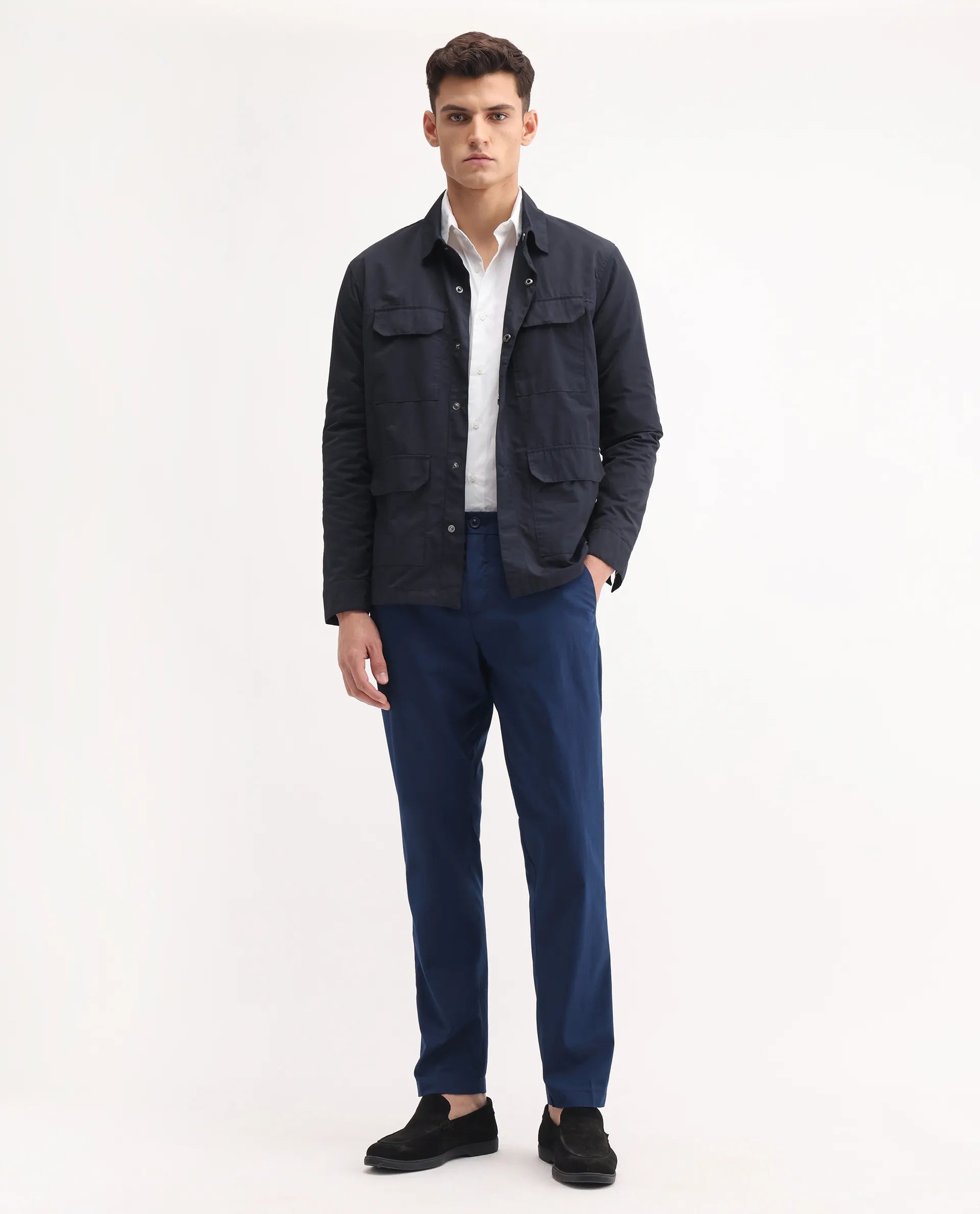 Rare Rabbit Men's Linotel Blue Cotton Blend Plain Regular Fit Trouser