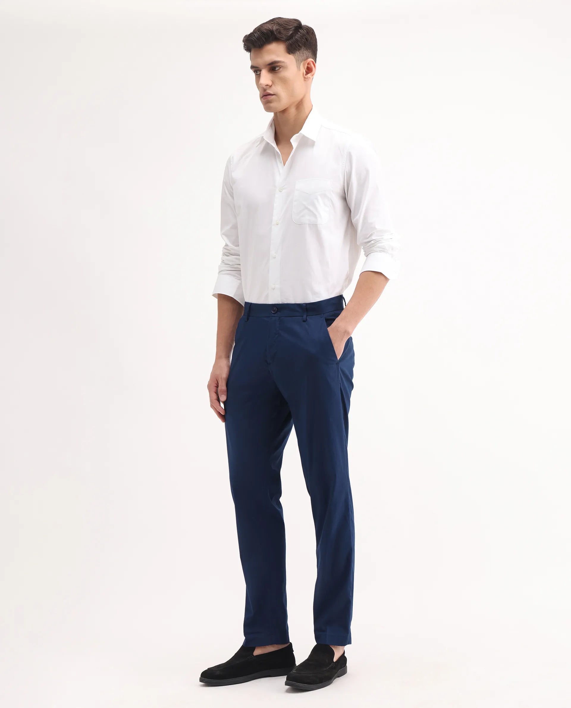 Rare Rabbit Men's Linotel Blue Cotton Blend Plain Regular Fit Trouser