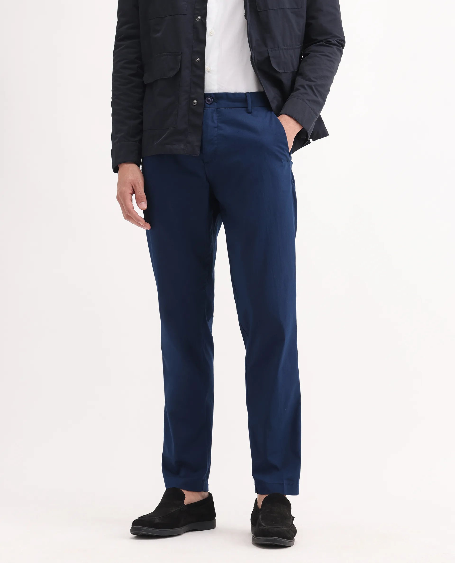 Rare Rabbit Men's Linotel Blue Cotton Blend Plain Regular Fit Trouser