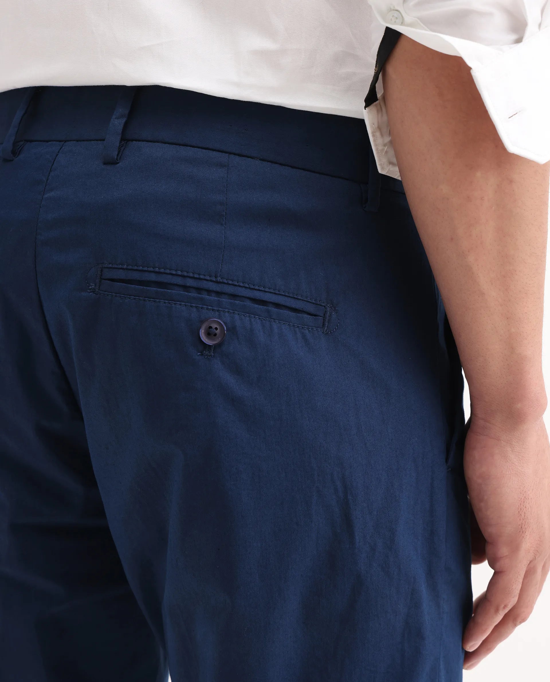 Rare Rabbit Men's Linotel Blue Cotton Blend Plain Regular Fit Trouser