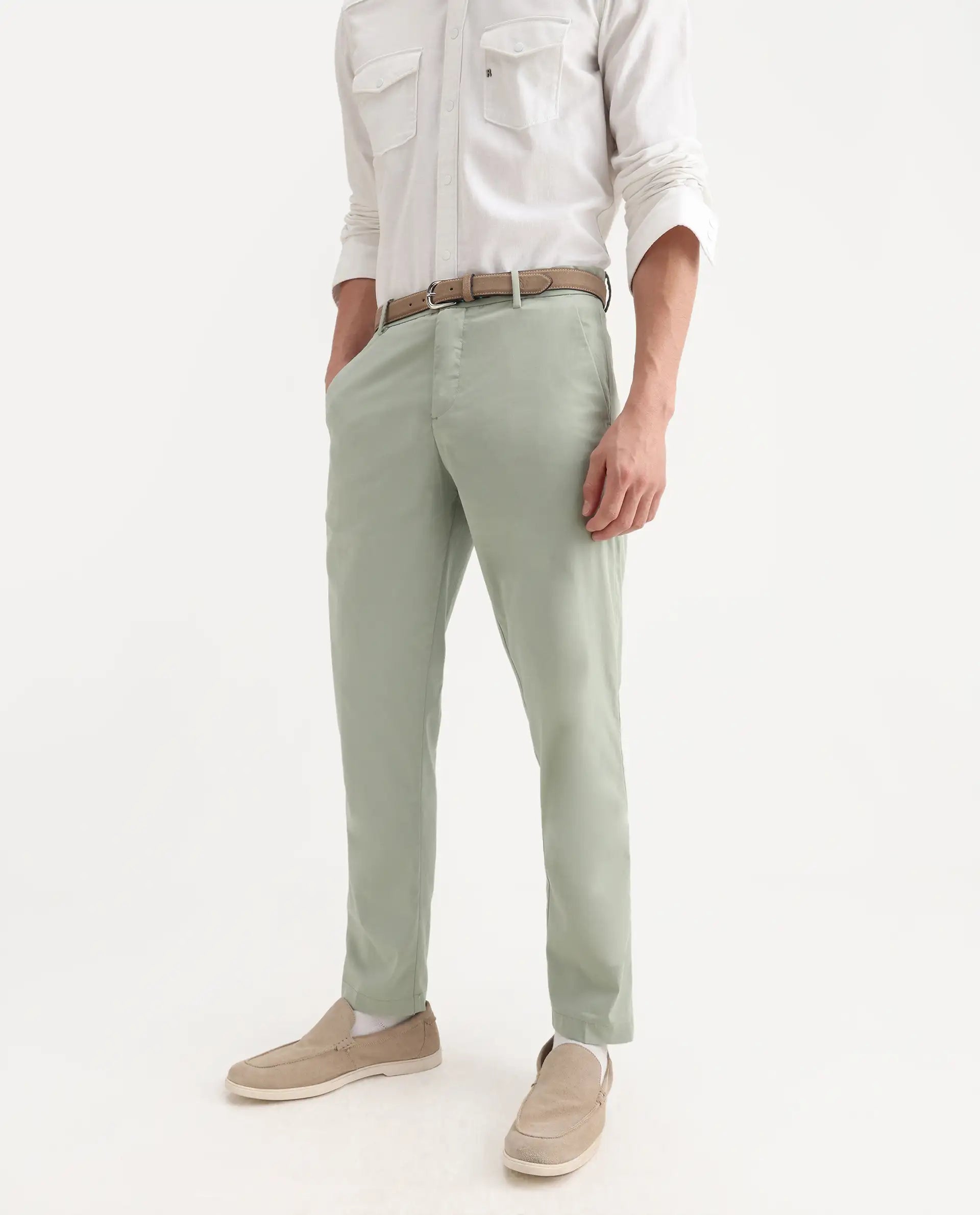Rare Rabbit Men's Linotel Pastel Green Cotton Blend Plain Regular Fit Trouser