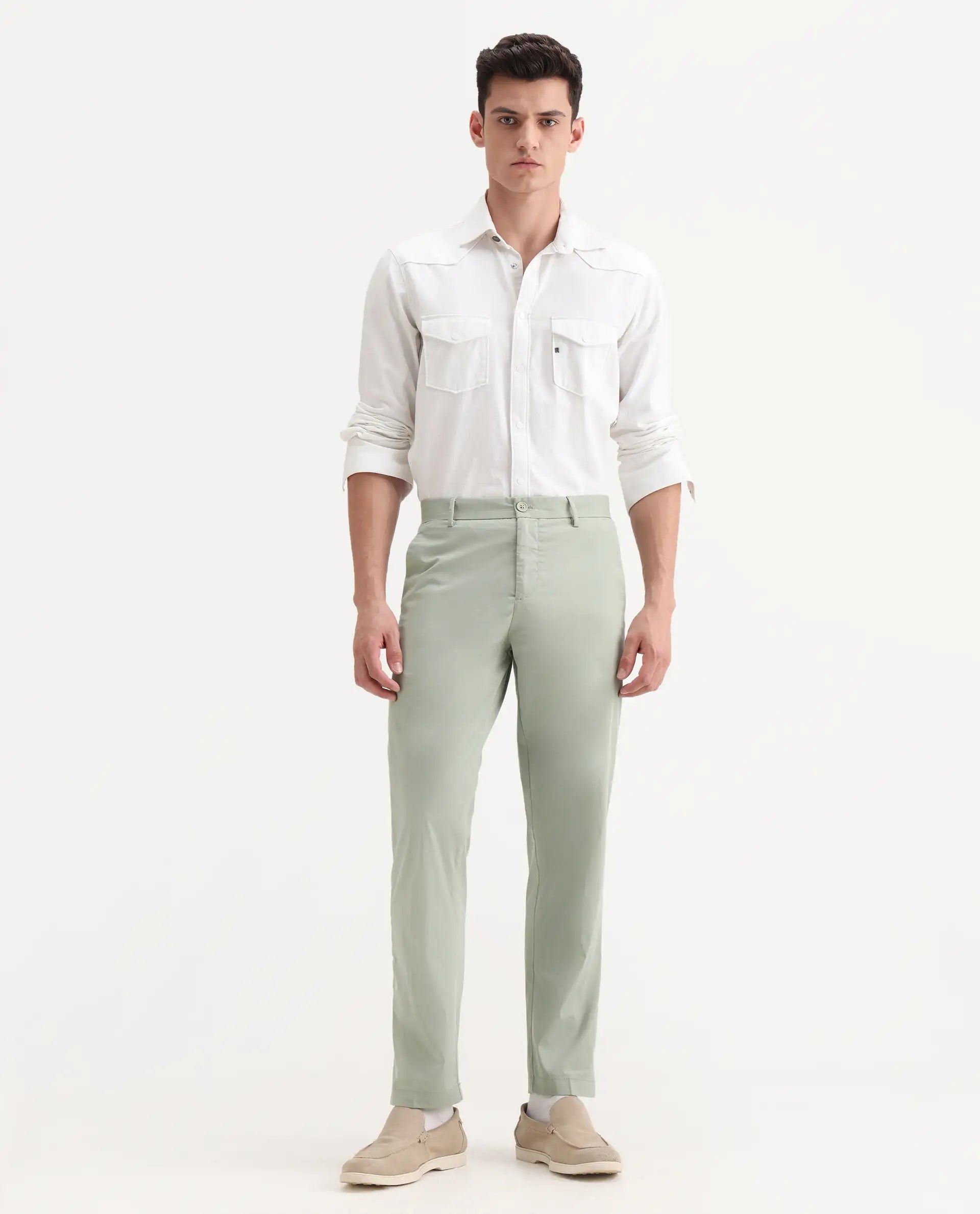 Rare Rabbit Men's Linotel Pastel Green Cotton Blend Plain Regular Fit Trouser