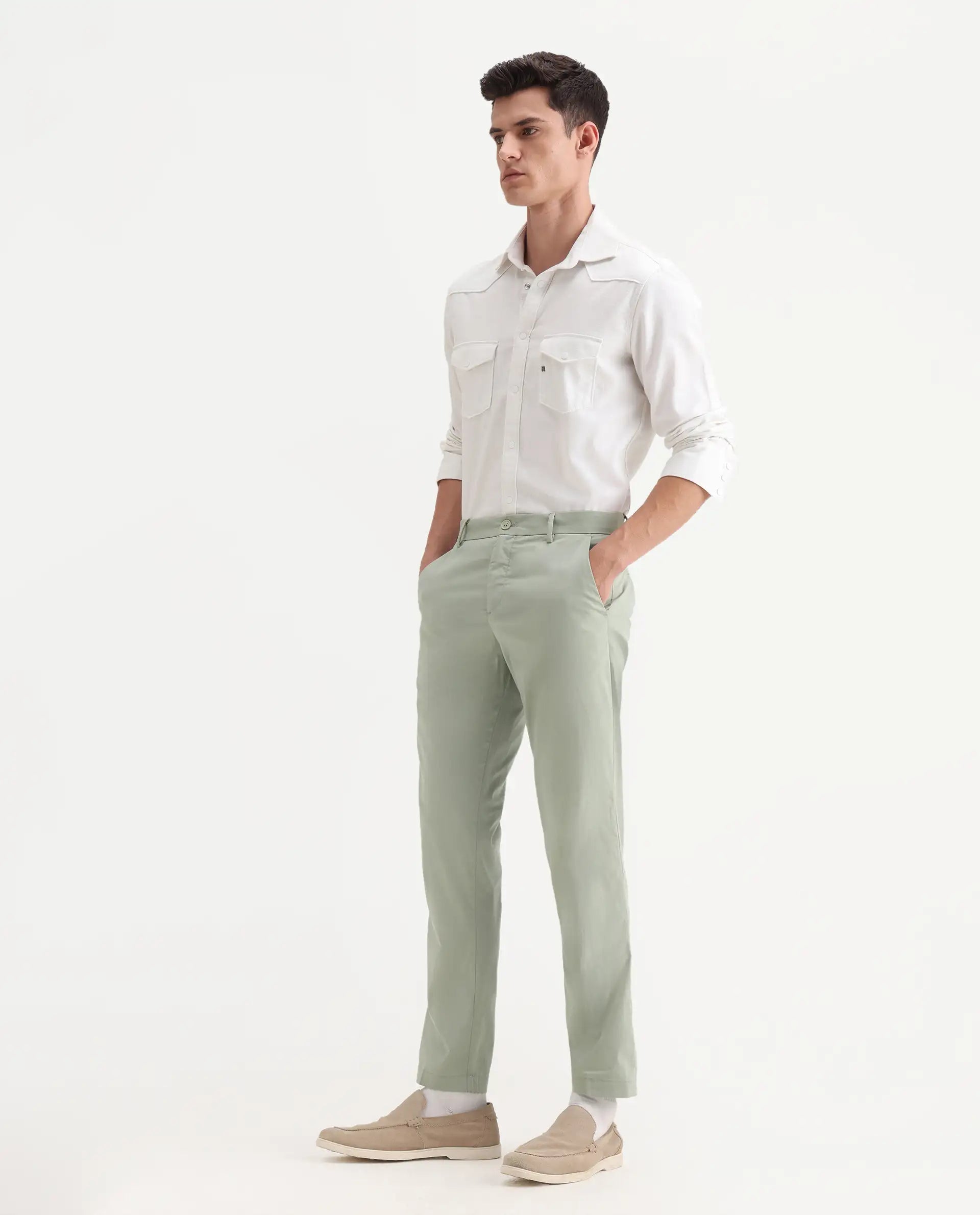 Rare Rabbit Men's Linotel Pastel Green Cotton Blend Plain Regular Fit Trouser