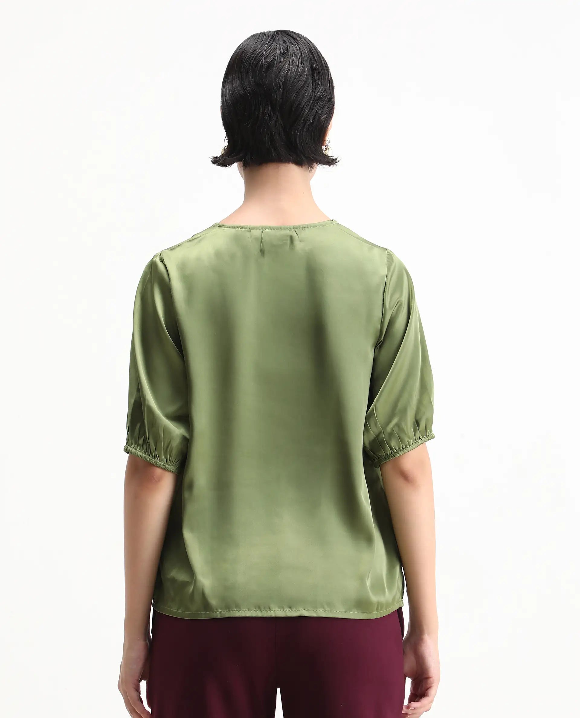 Rareism Women's Linus Dark Green Polyester V-Neck Plain Extended Sleeves Regular Fit Top