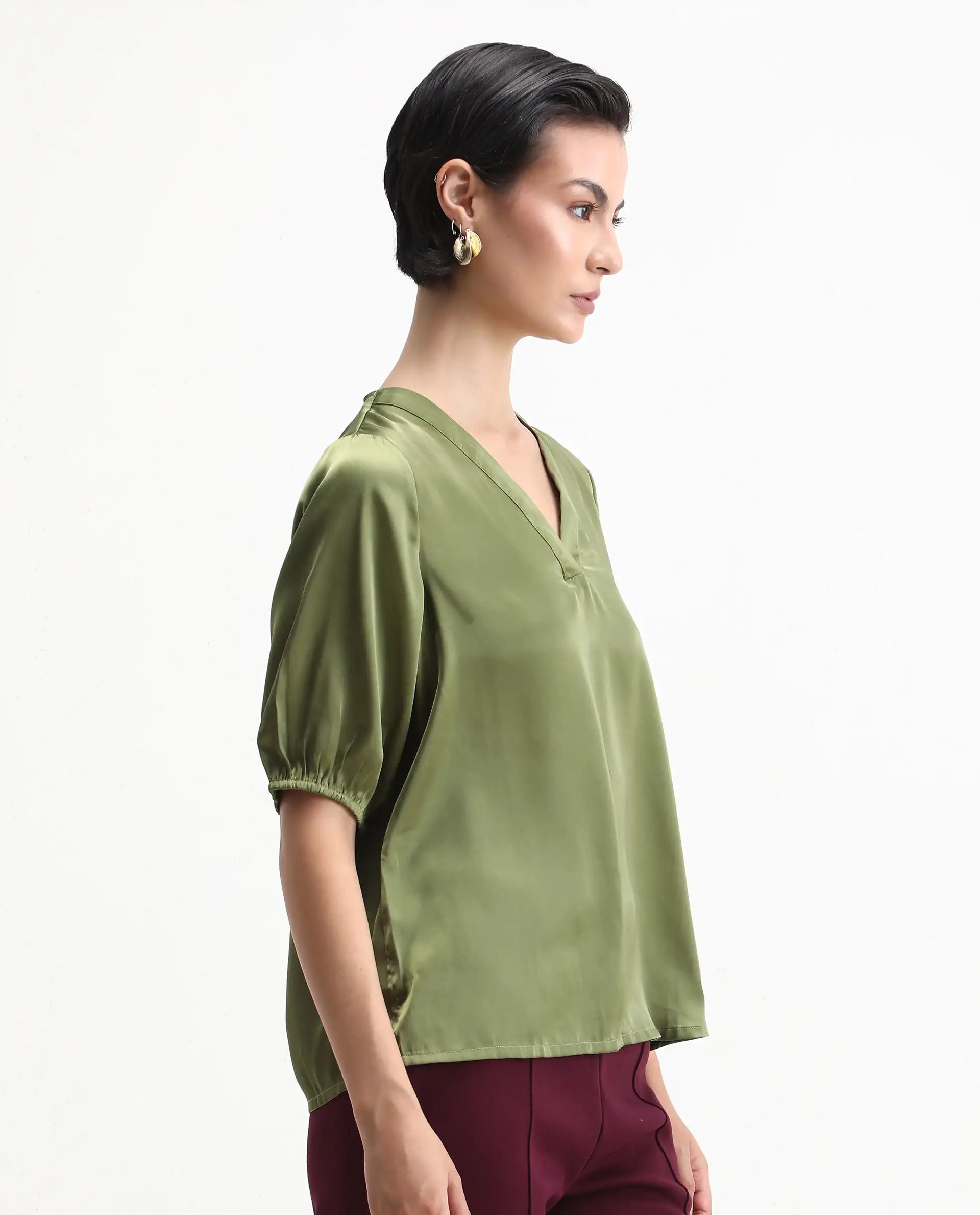 Rareism Women's Linus Dark Green Polyester V-Neck Plain Extended Sleeves Regular Fit Top