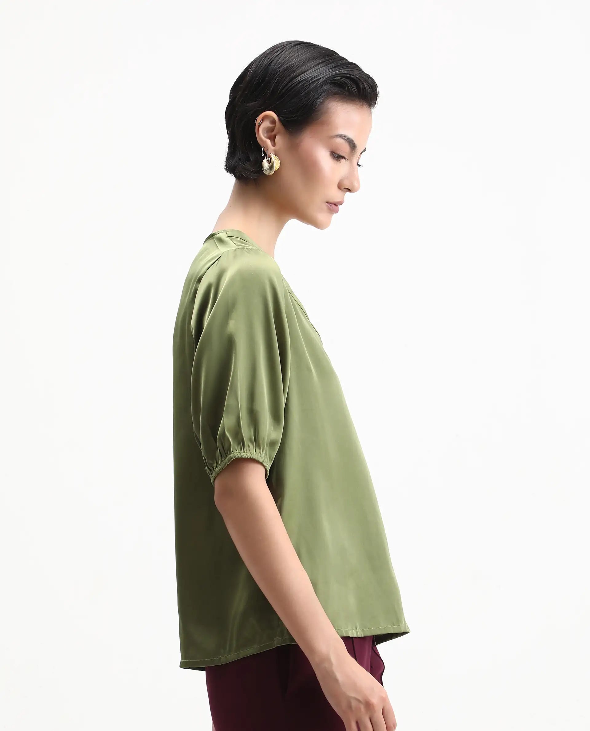 Rareism Women's Linus Dark Green Polyester V-Neck Plain Extended Sleeves Regular Fit Top
