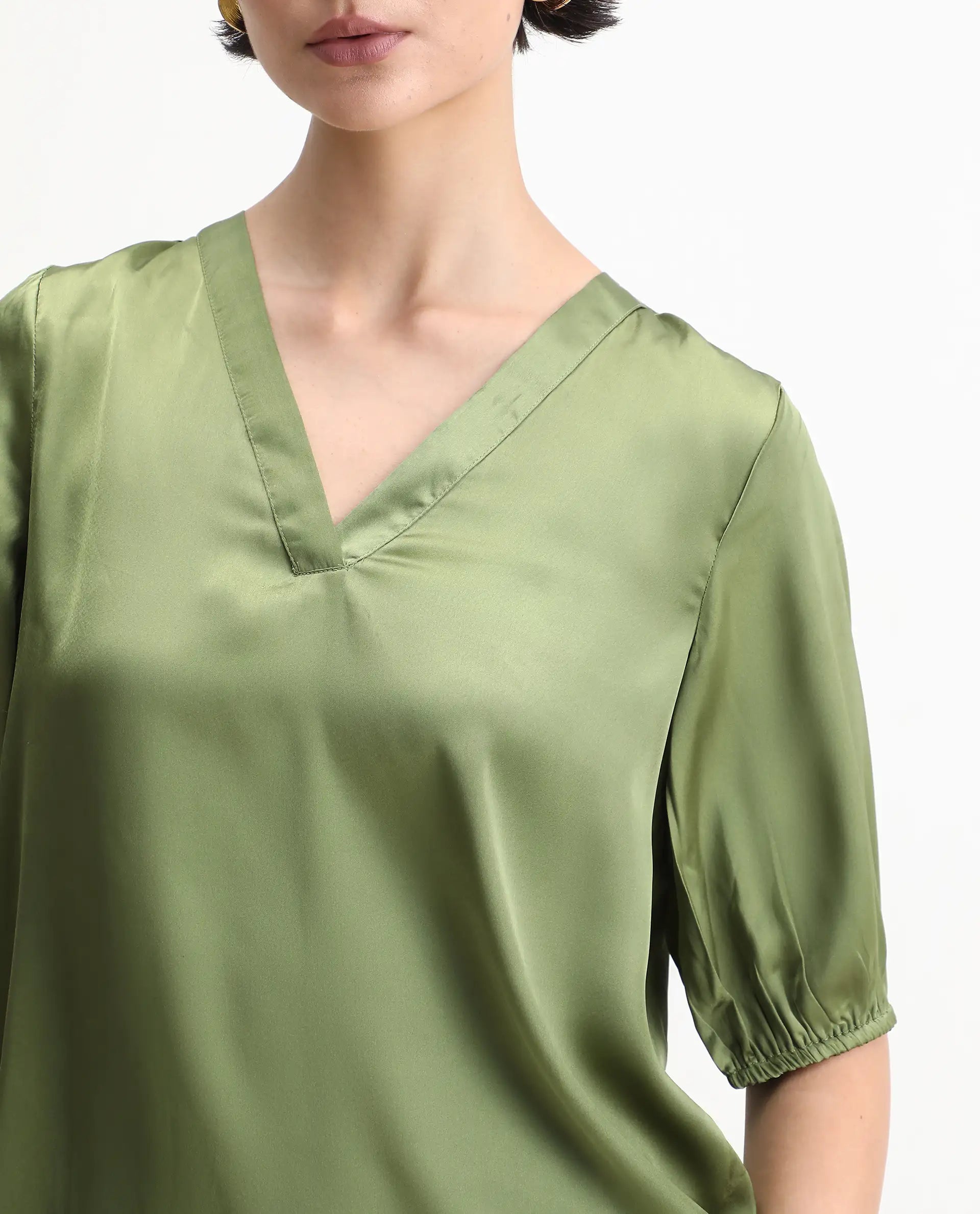Rareism Women's Linus Dark Green Polyester V-Neck Plain Extended Sleeves Regular Fit Top