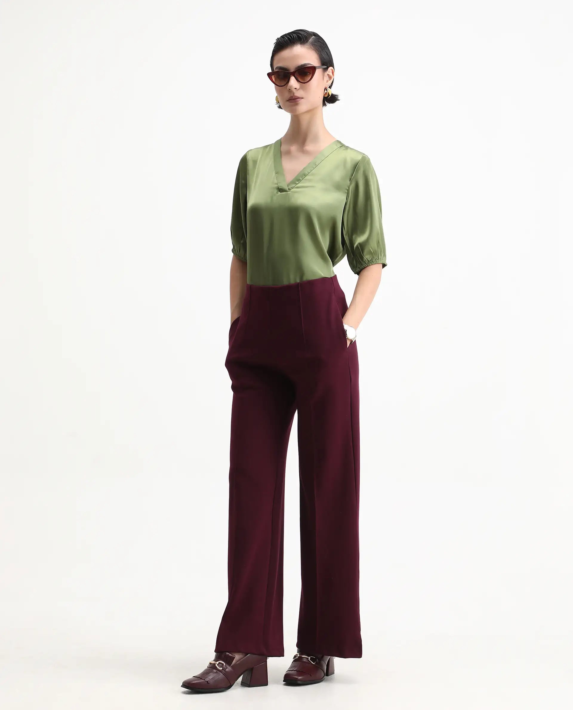 Rareism Women's Linus Dark Green Polyester V-Neck Plain Extended Sleeves Regular Fit Top