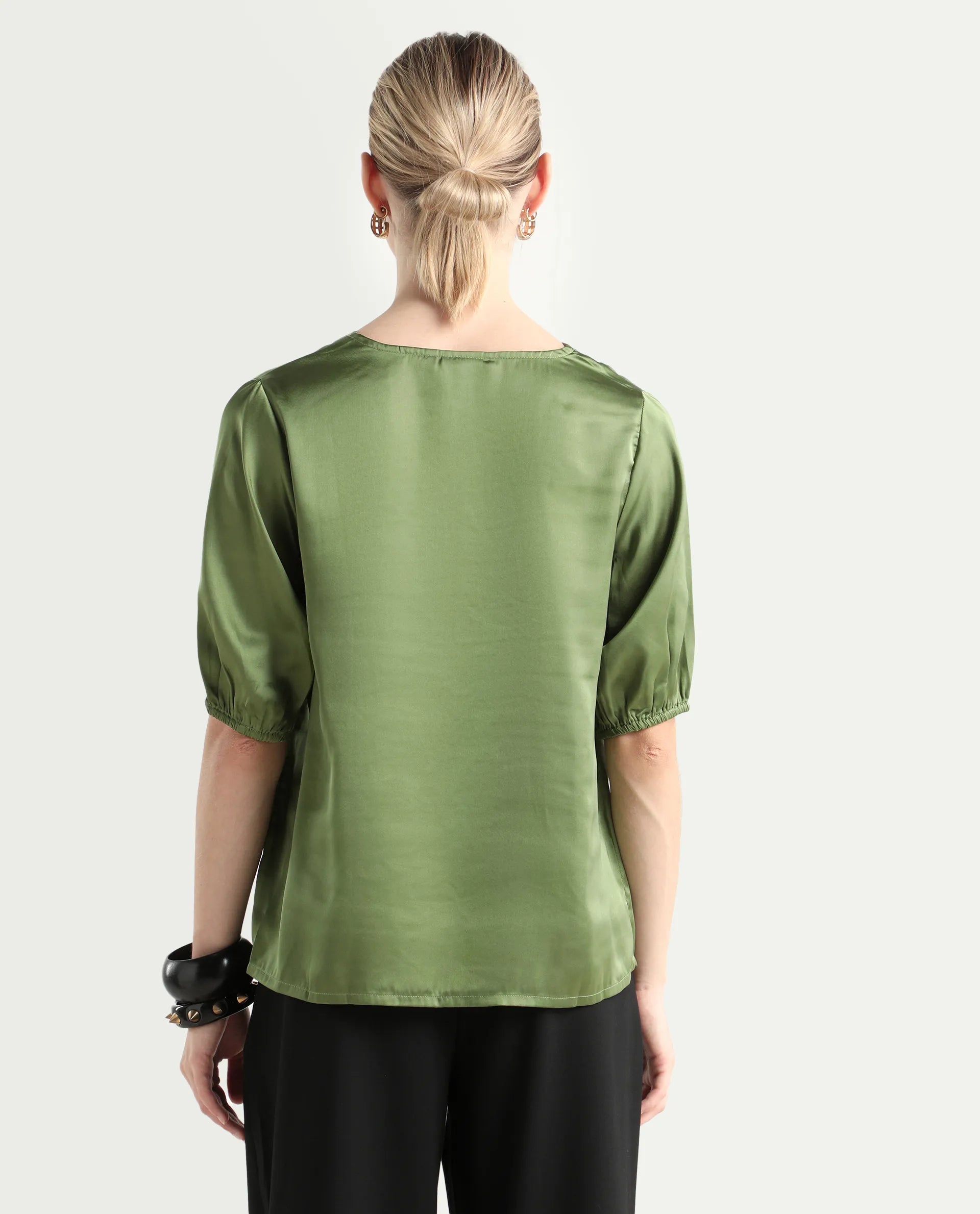Rareism Women's Linus Dark Green Polyester V-Neck Plain Extended Sleeves Regular Fit Top