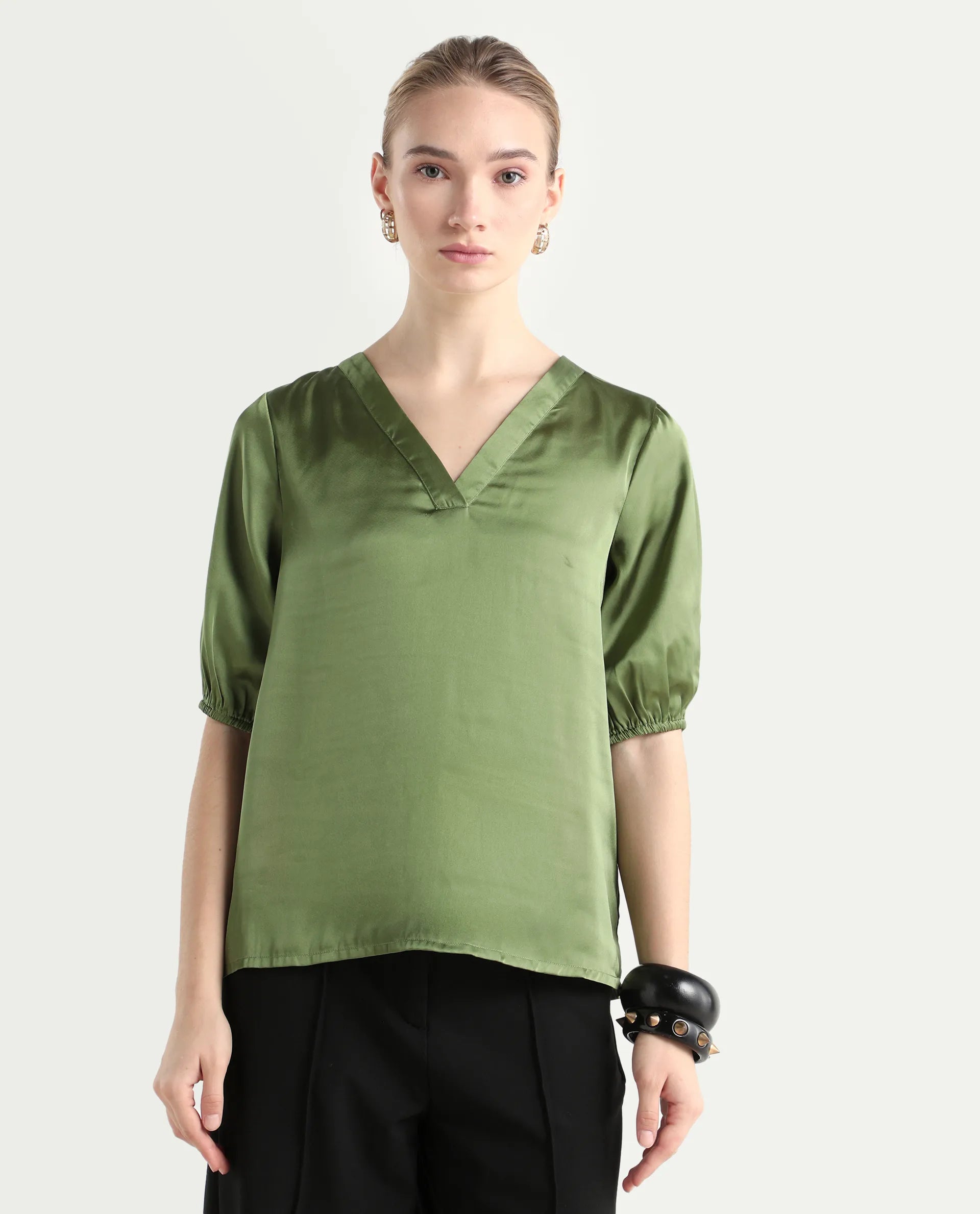 Rareism Women's Linus Dark Green Polyester V-Neck Plain Extended Sleeves Regular Fit Top
