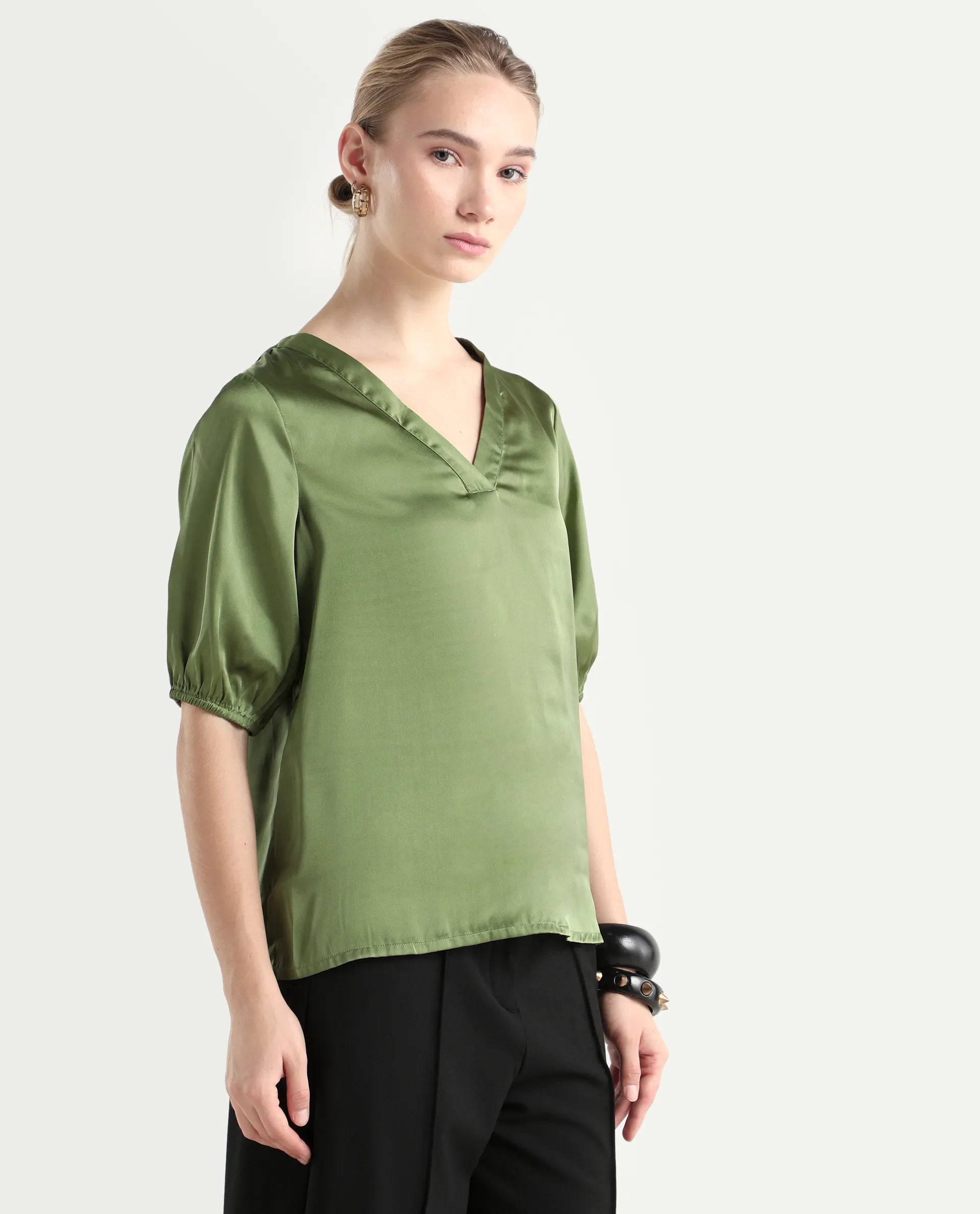 Rareism Women's Linus Dark Green Polyester V-Neck Plain Extended Sleeves Regular Fit Top