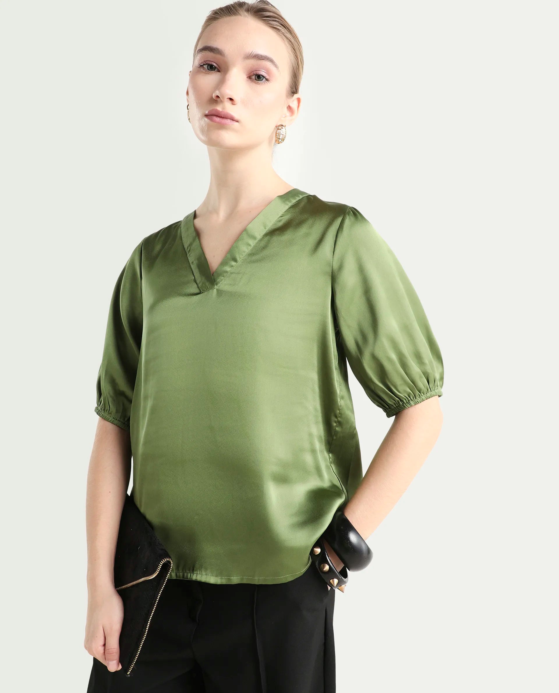Rareism Women's Linus Dark Green Polyester V-Neck Plain Extended Sleeves Regular Fit Top