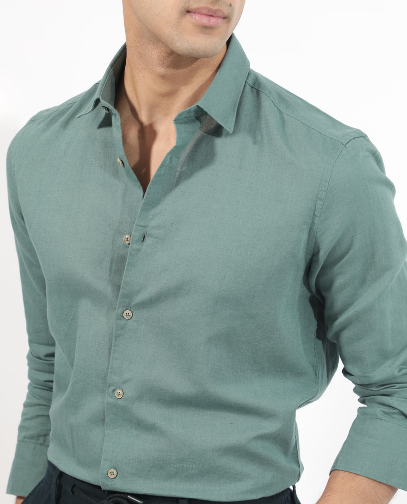 Rare Rabbit Men's Linux Green Linen Full Sleeves Solid Shirt