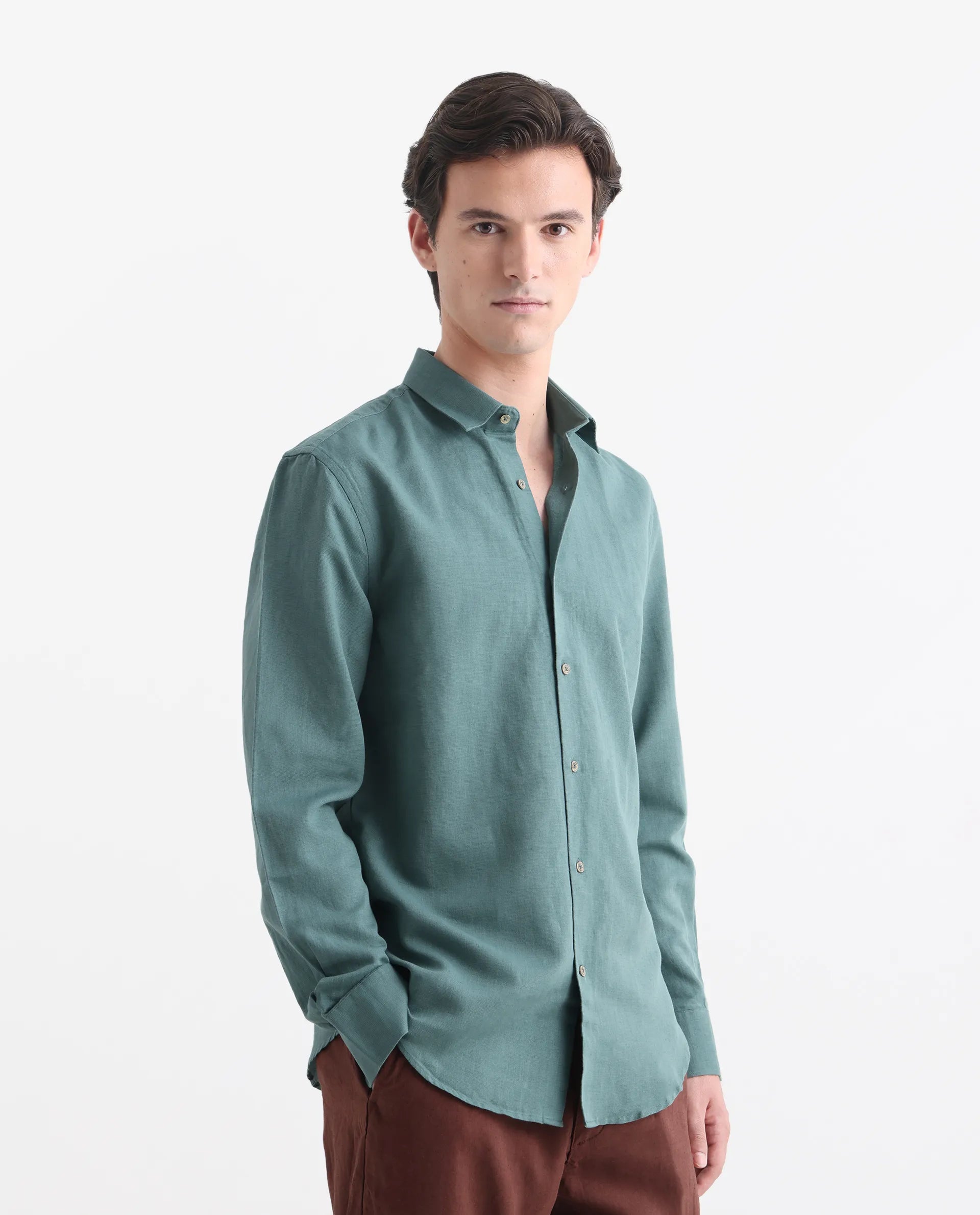 Rare Rabbit Men's Linux Green Linen Blend Plain Regular Fit Full Sleeve Collared Shirt