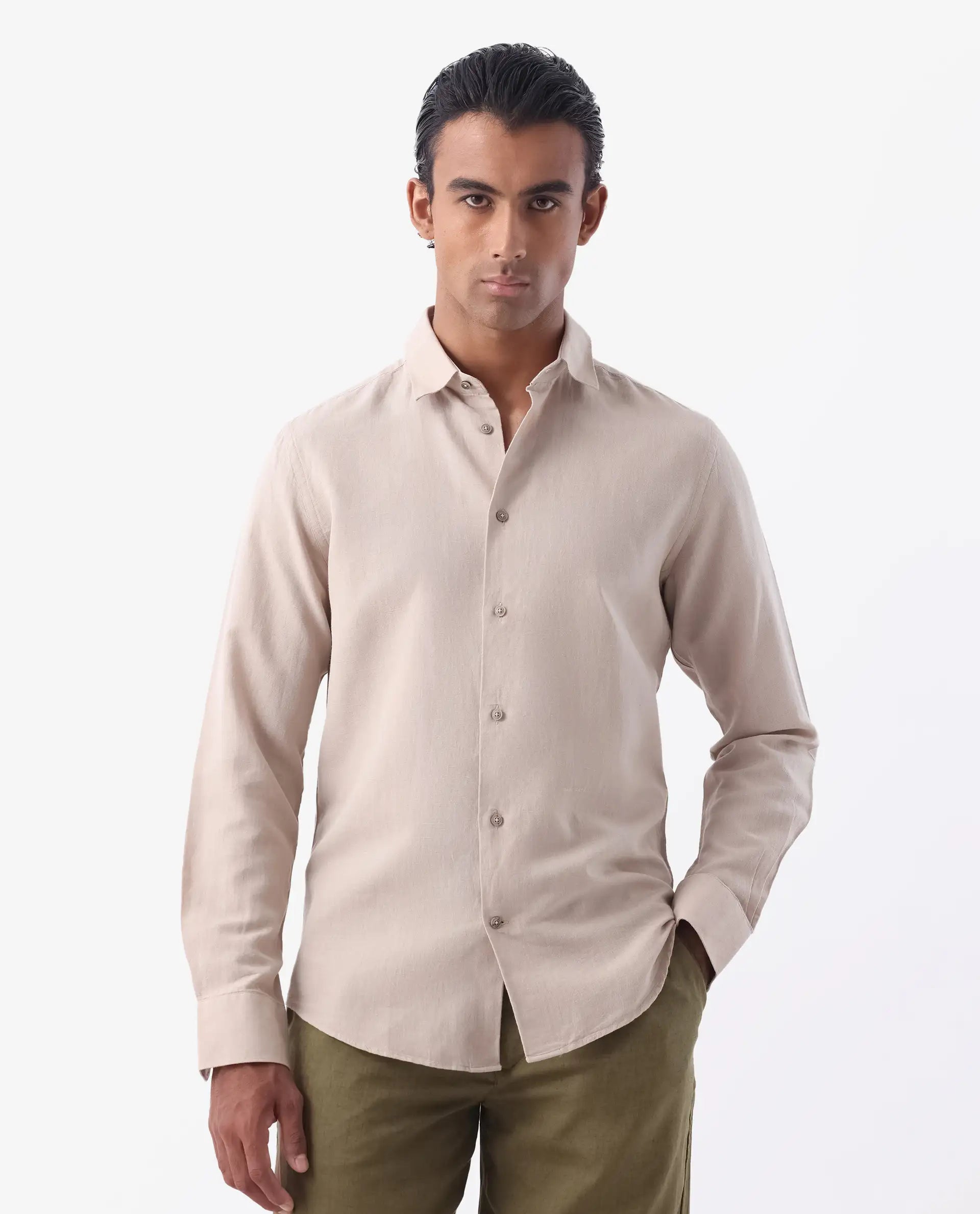 Rare Rabbit Men's Linux Light Beige Linen Blend Plain Regular Fit Full Sleeve Collared Shirt