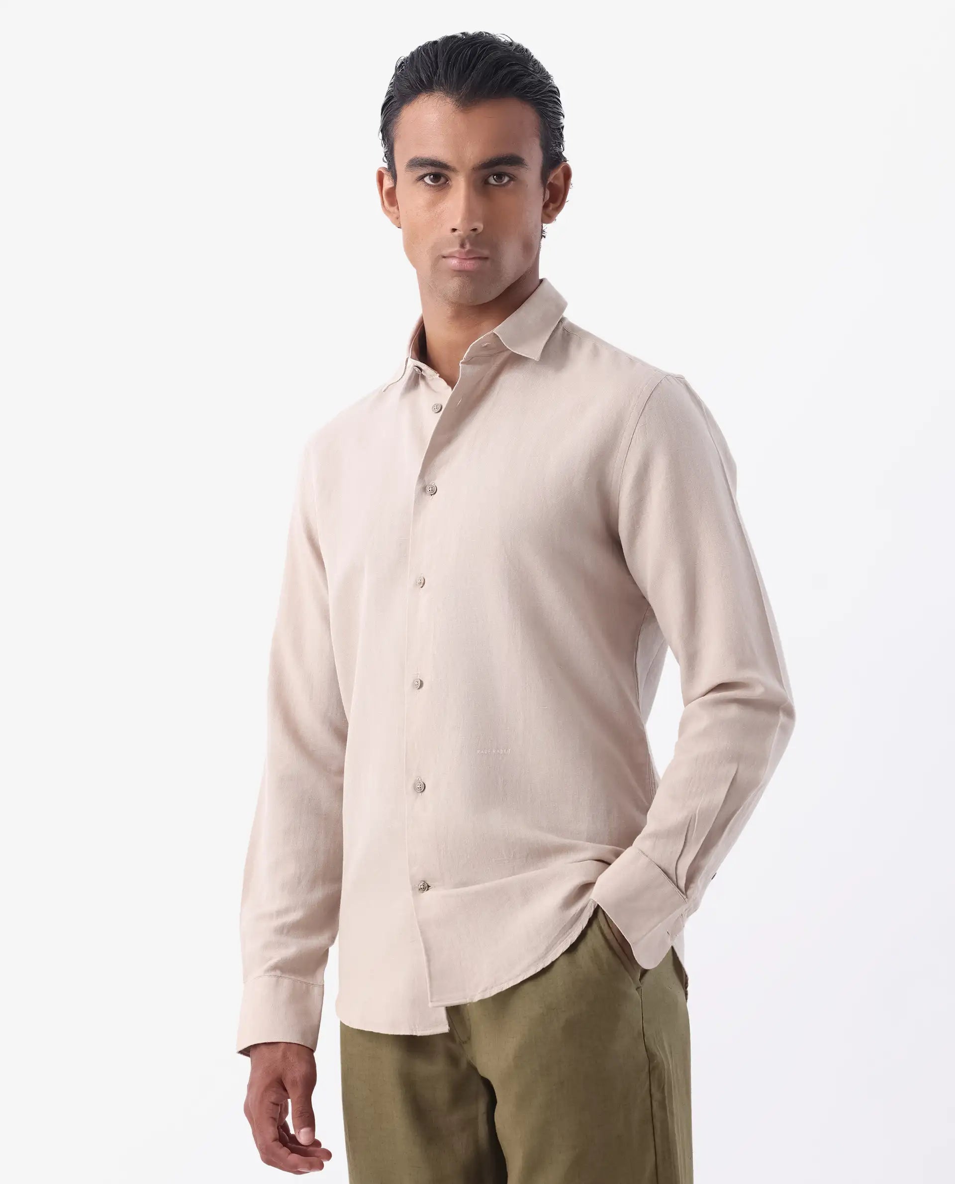Rare Rabbit Men's Linux Light Beige Linen Blend Plain Regular Fit Full Sleeve Collared Shirt