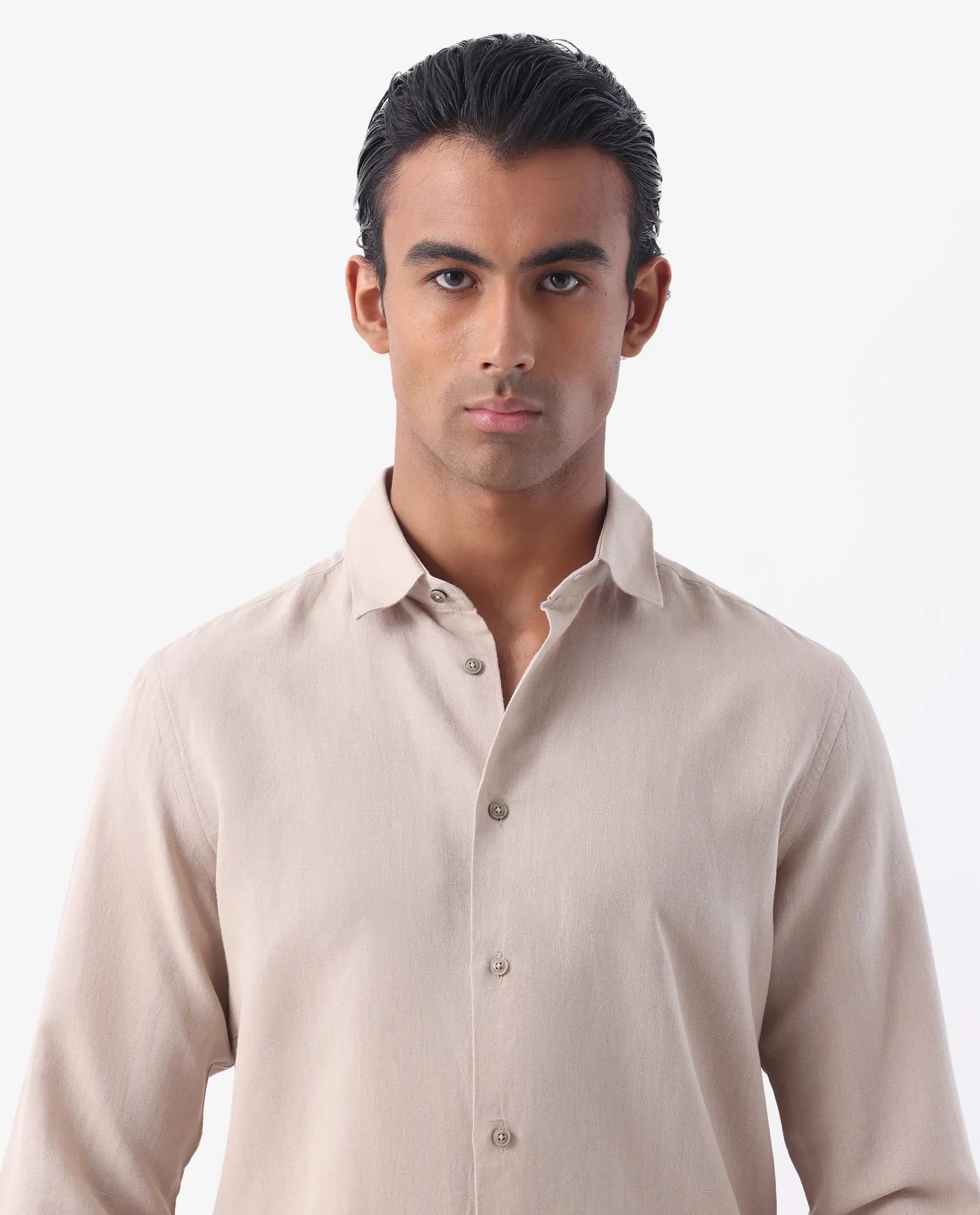 Rare Rabbit Men's Linux Light Beige Linen Blend Plain Regular Fit Full Sleeve Collared Shirt
